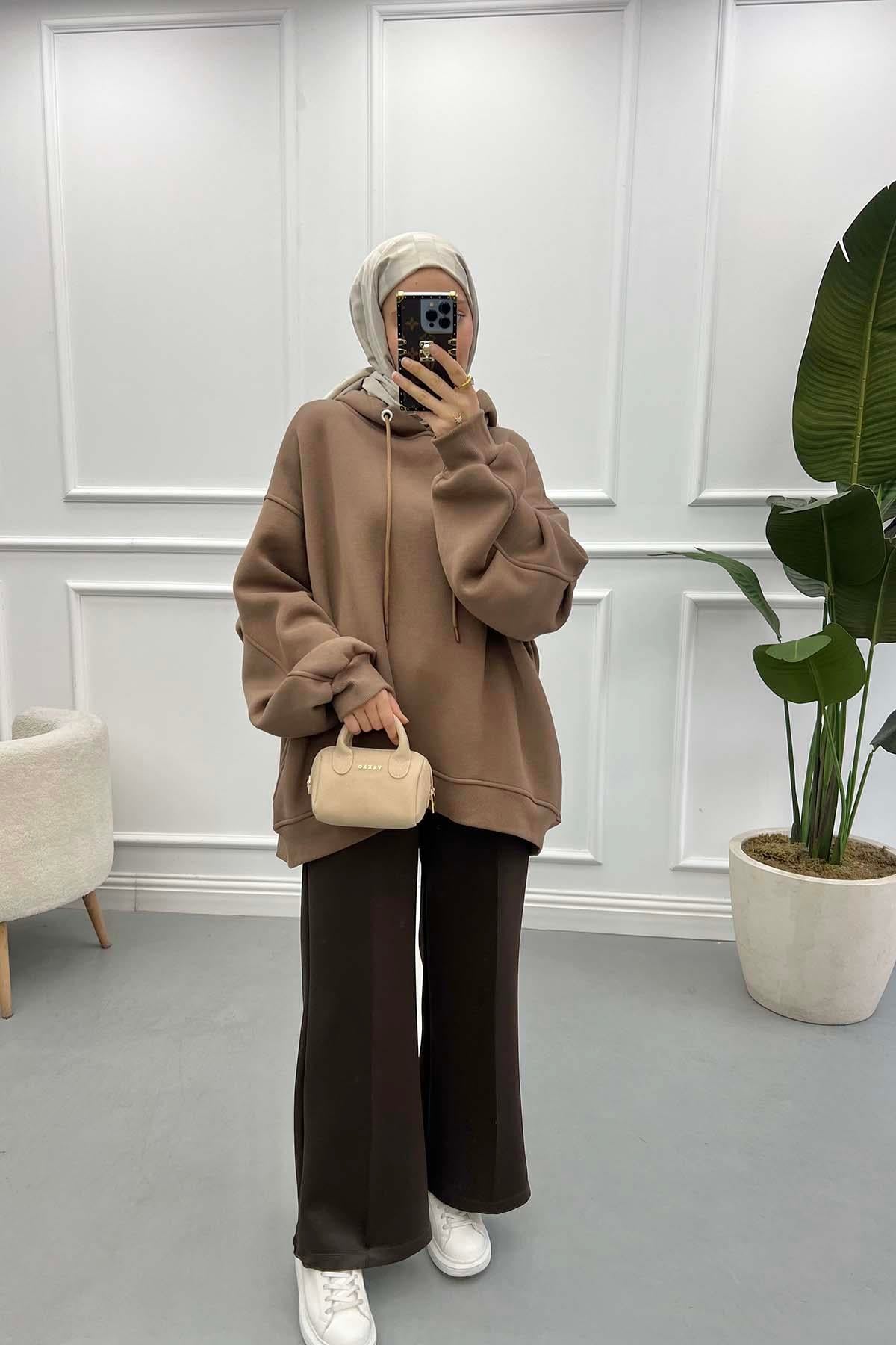 Kol Detaylı Üç İplik Sweatshirt Kahve