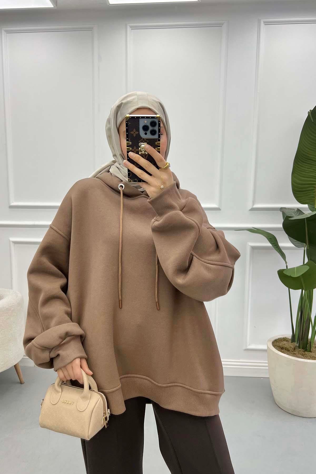 Kol Detaylı Üç İplik Sweatshirt Kahve