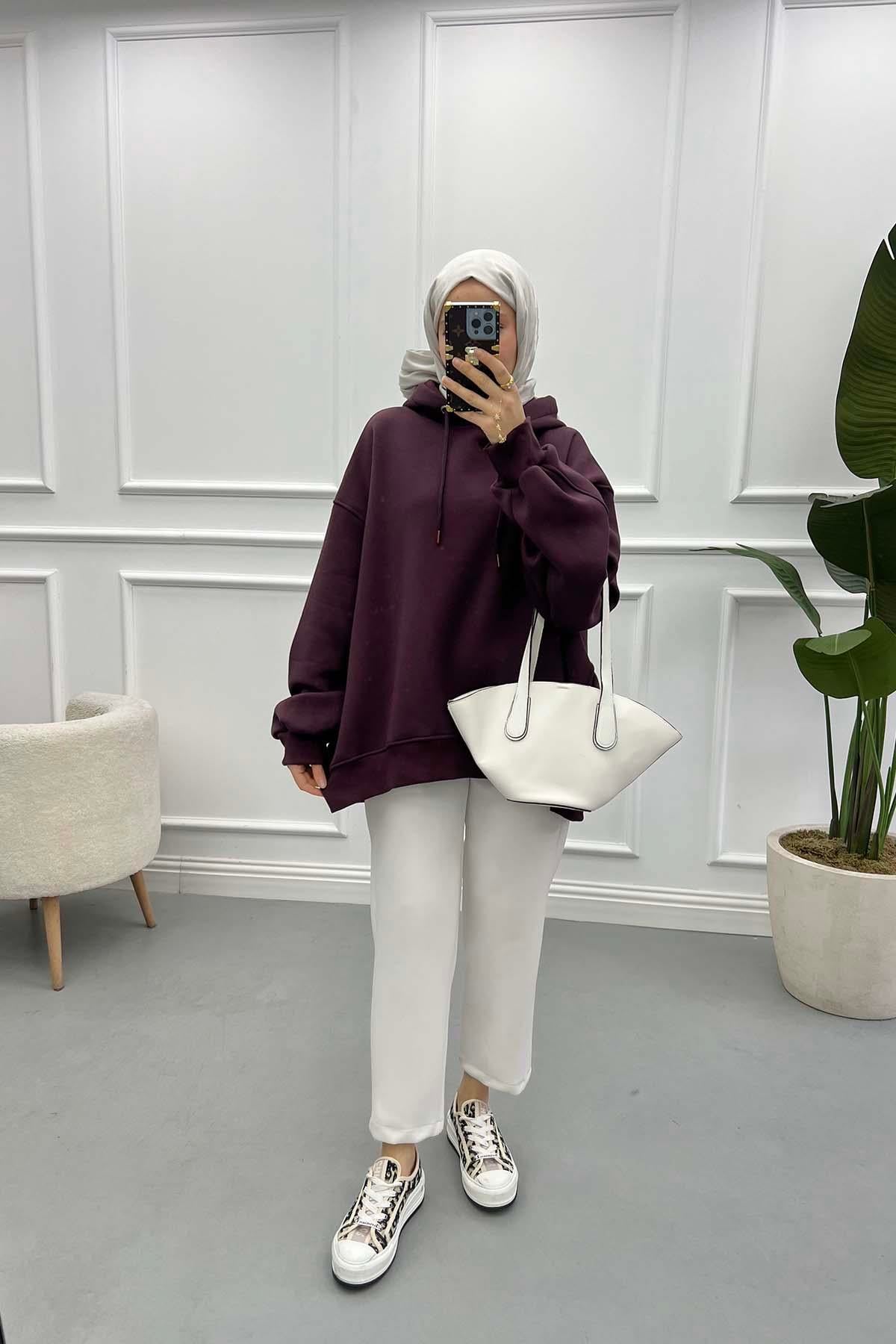 Kol Detaylı Üç İplik Sweatshirt Mürdüm