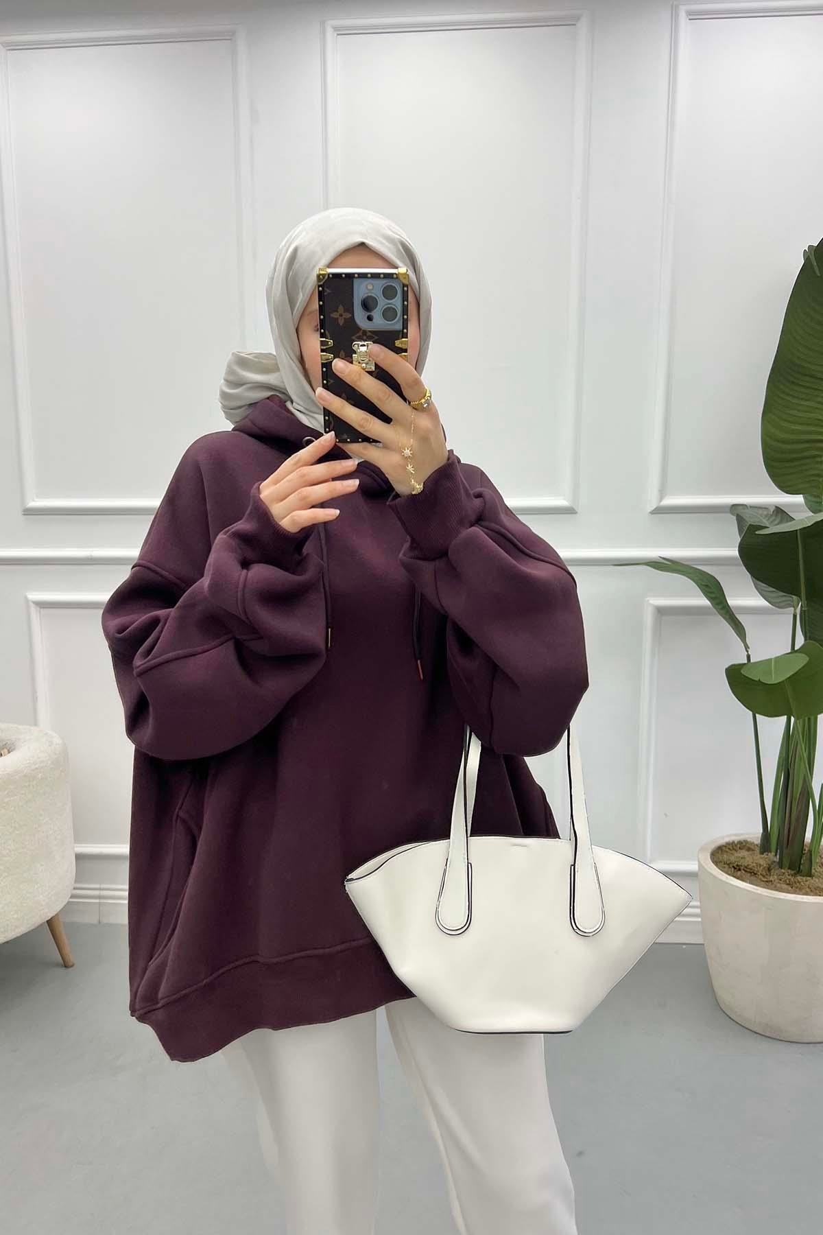 Kol Detaylı Üç İplik Sweatshirt Mürdüm