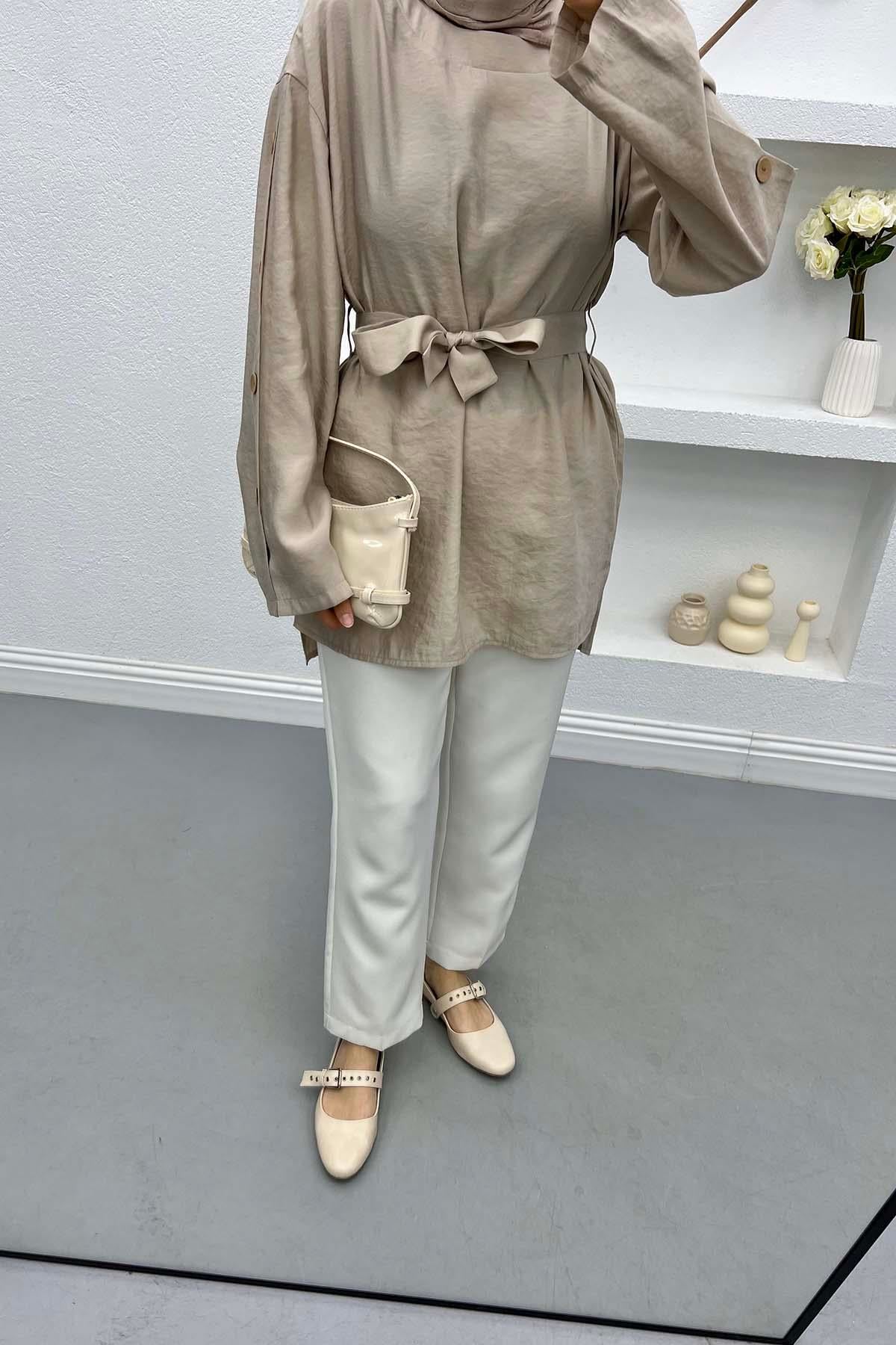 Kol Düğmeli Bağlamalı Tunik Bej