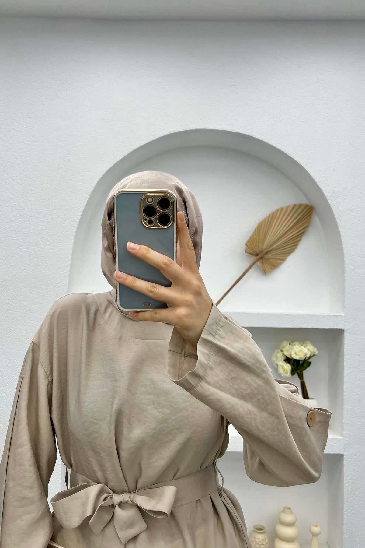 Kol Düğmeli Bağlamalı Tunik Bej