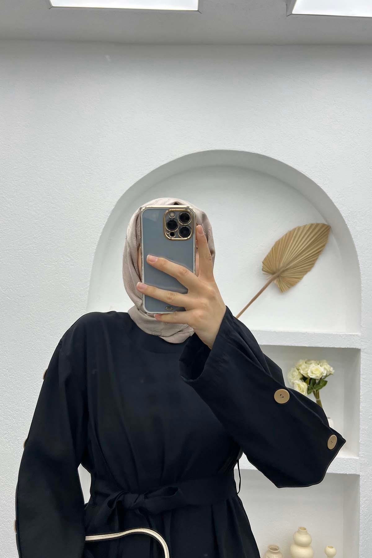Kol Düğmeli Bağlamalı Tunik Siyah