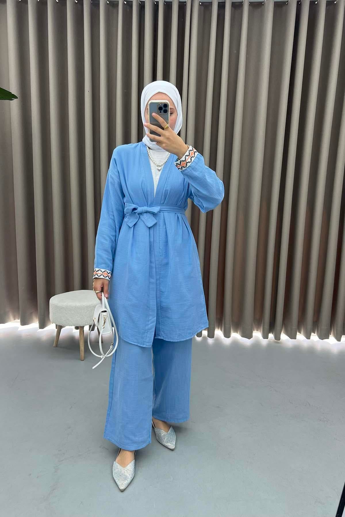 Kol İşlemeli Keten Kimono Takım Mavi