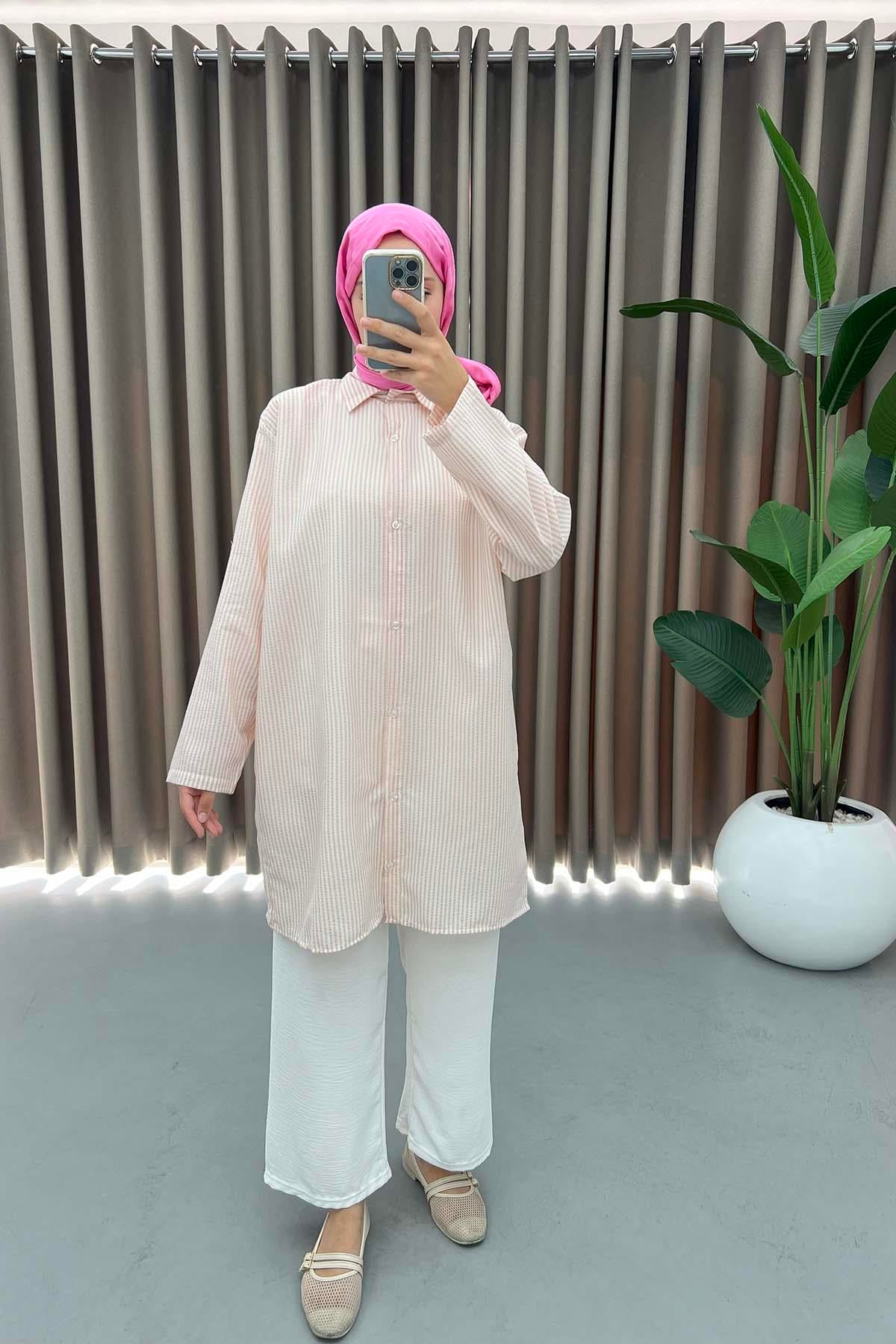 Kol Katlamalı Çizgili Gömlek Pembe