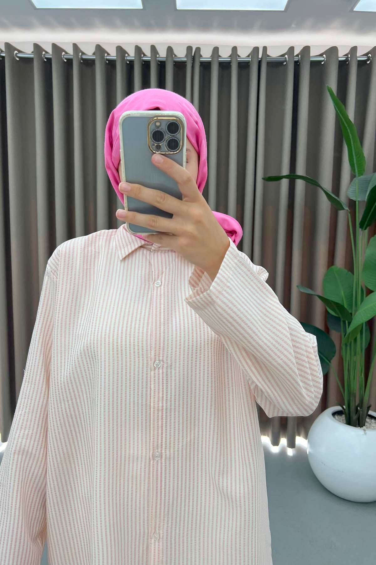 Kol Katlamalı Çizgili Gömlek Pembe