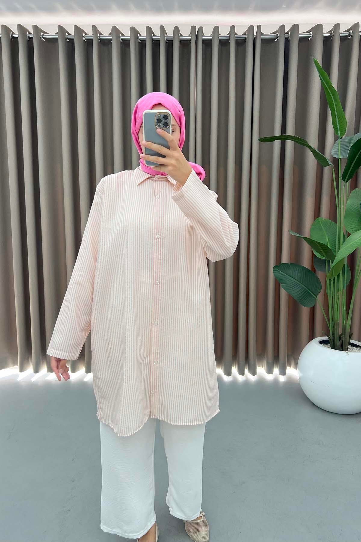 Kol Katlamalı Çizgili Gömlek Pembe