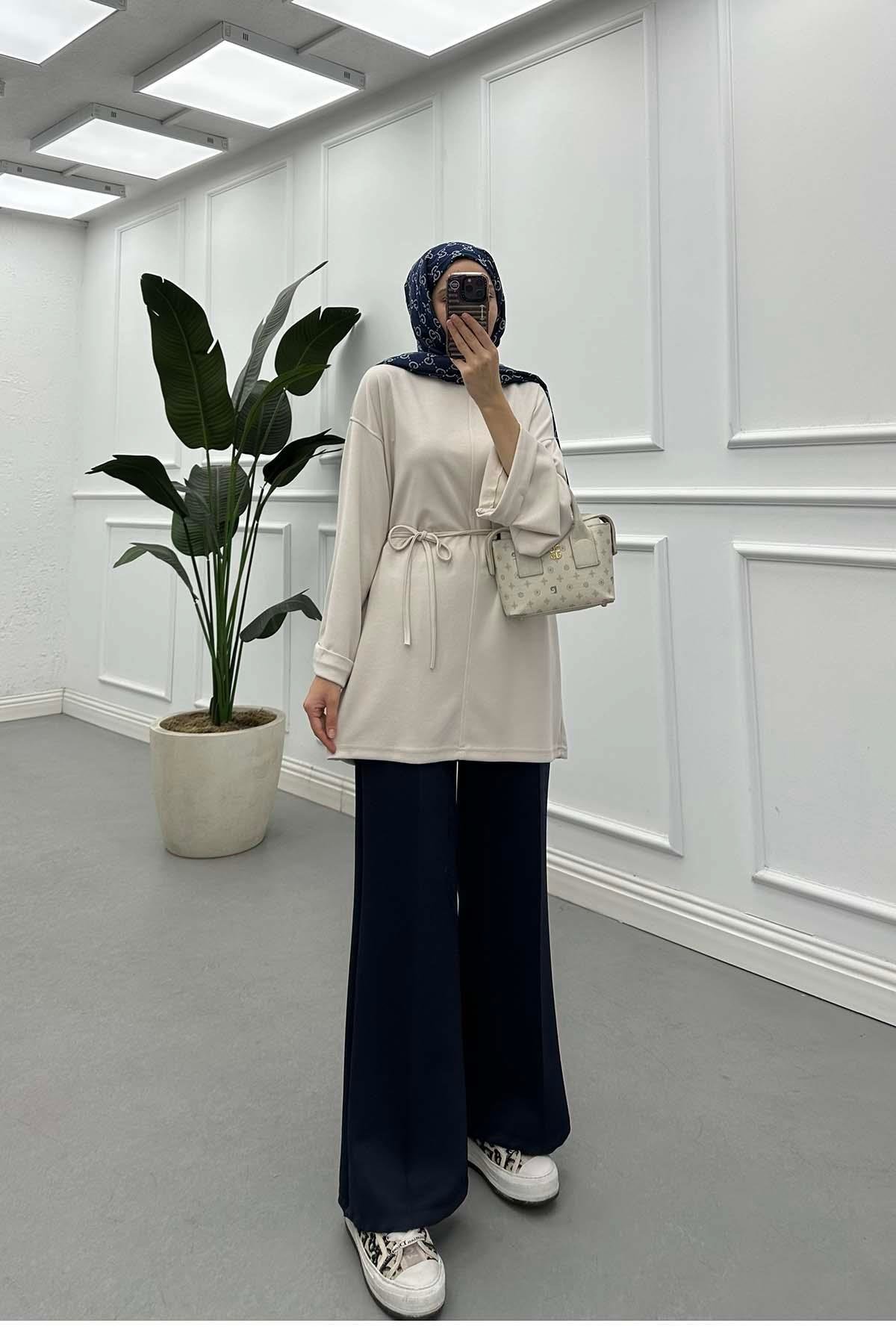 Kol Katlamalı Kuşaklı Oysh Tunik Bej