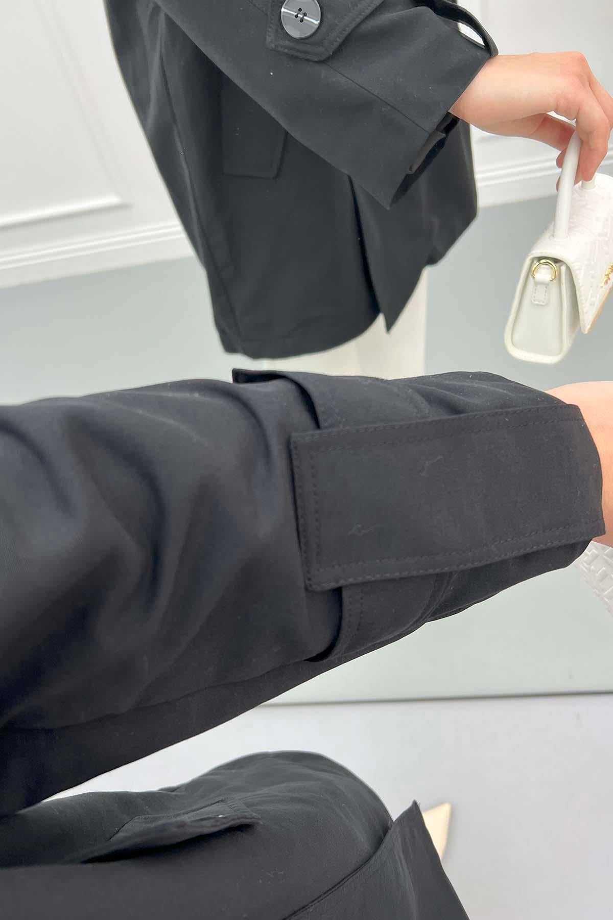 Kol Kemerli Kısa Trençkot Siyah