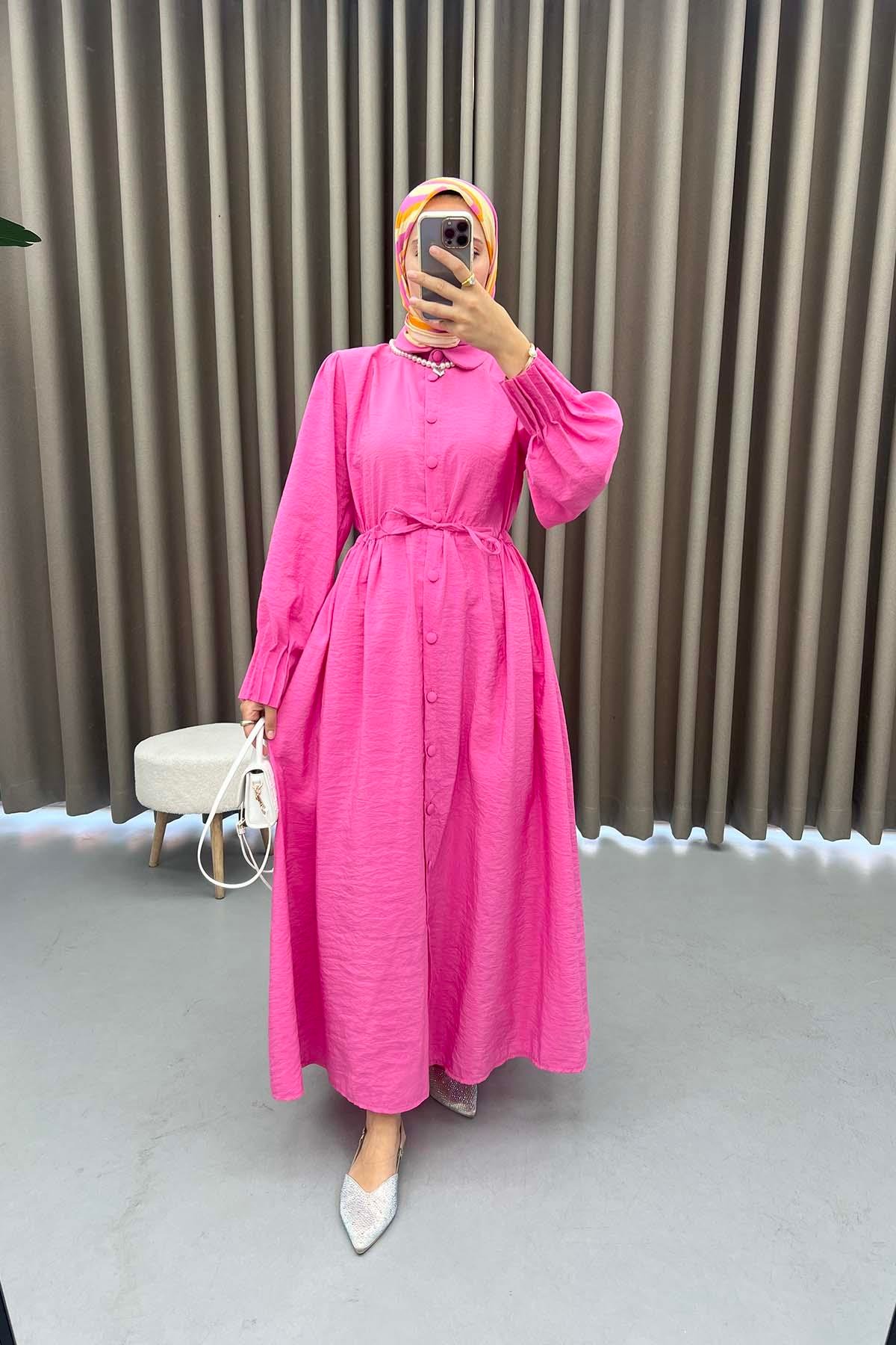 Kol Piliseli Paraşüt Elbise Pembe