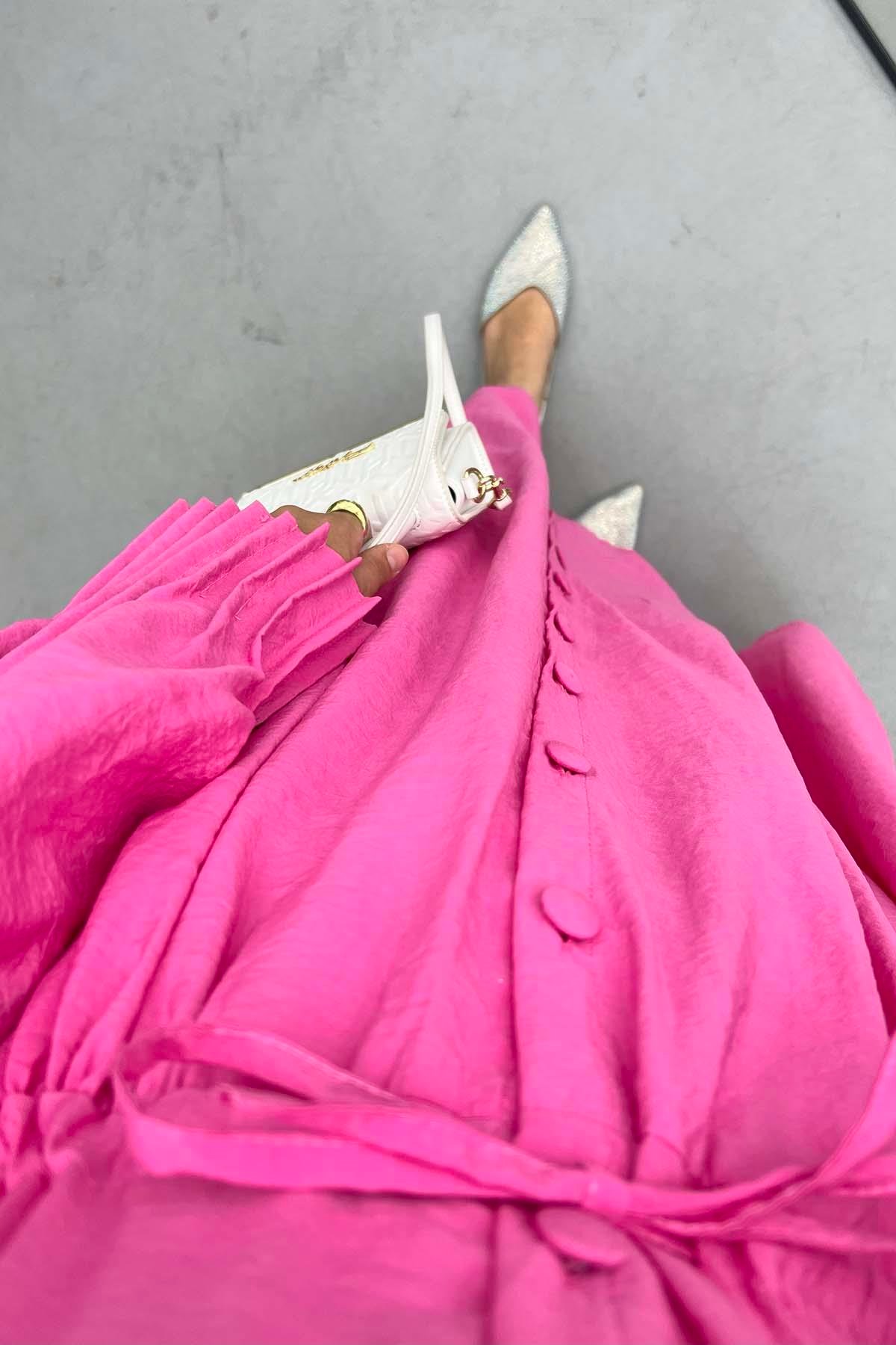 Kol Piliseli Paraşüt Elbise Pembe