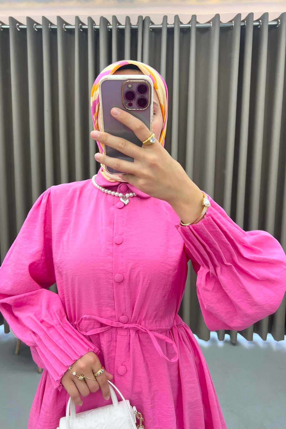 Kol Piliseli Paraşüt Elbise Pembe