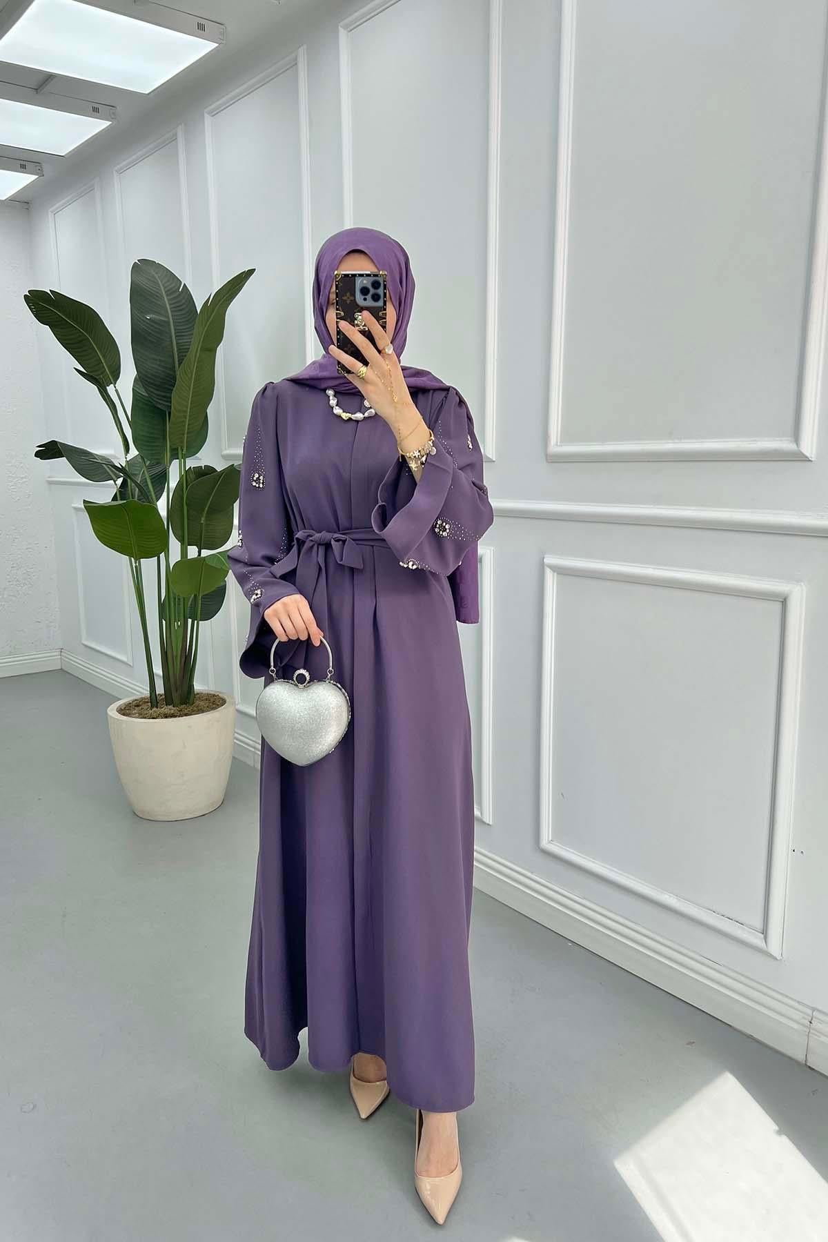 Kol Taşlı Abaya Mor