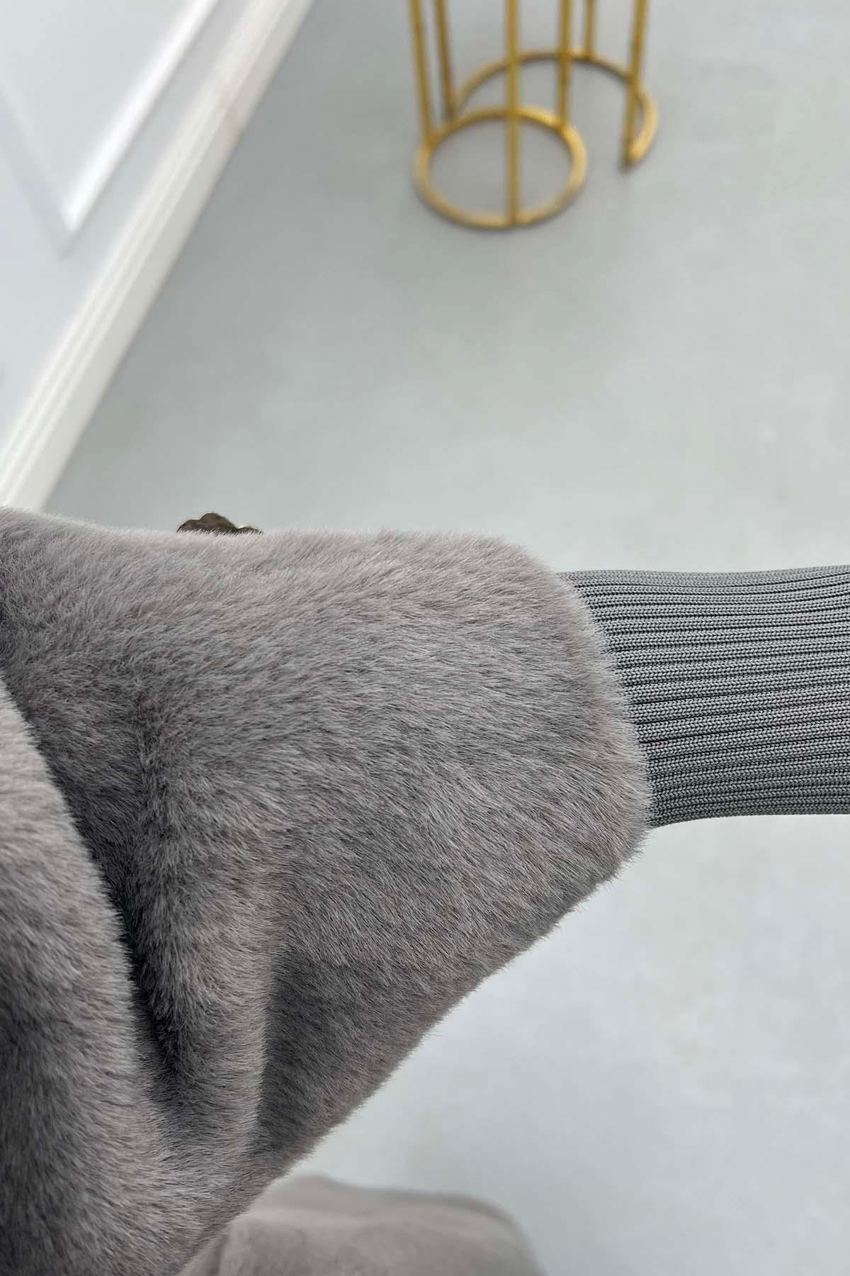 Kol ve Düğme Detaylı Angora Kaban Gri