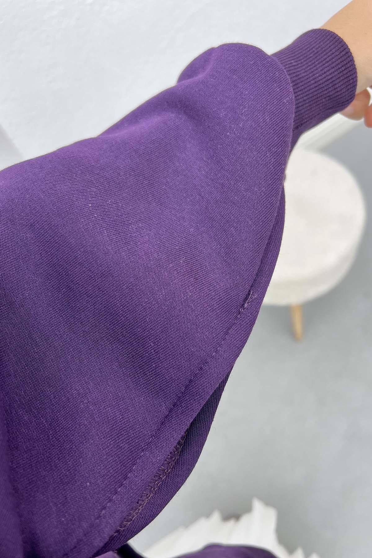 Kol Yırtmaçlı Üç İplik Sweatshirt Mürdüm
