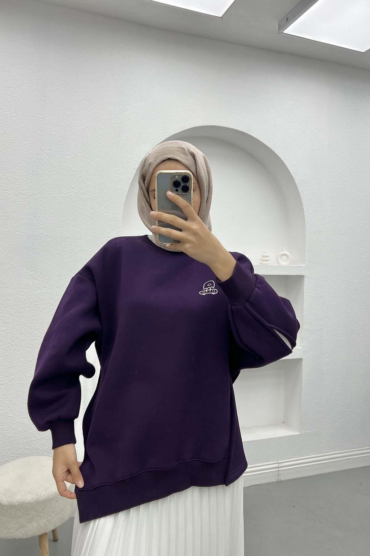 Kol Yırtmaçlı Üç İplik Sweatshirt Mürdüm
