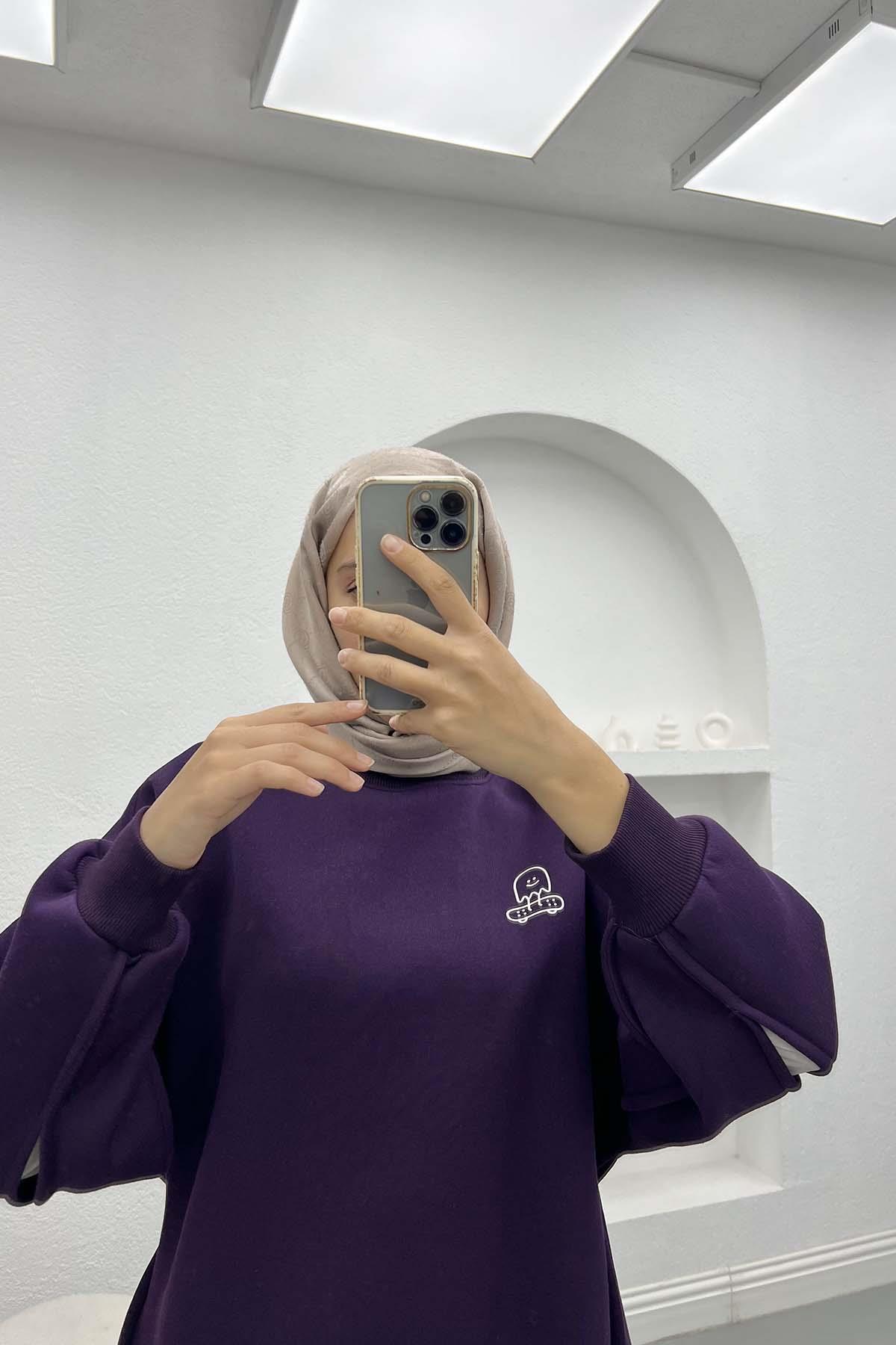 Kol Yırtmaçlı Üç İplik Sweatshirt Mürdüm