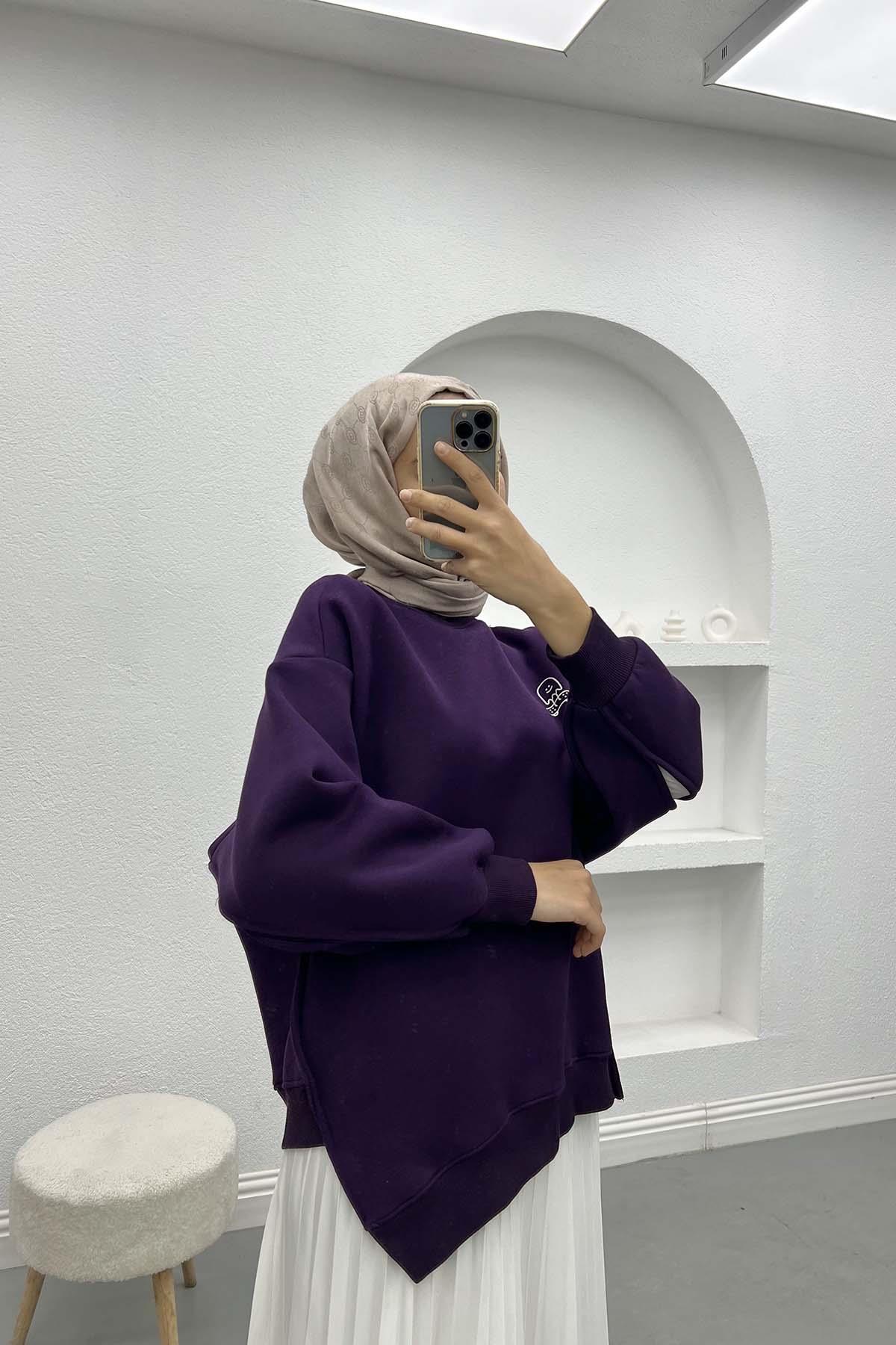 Kol Yırtmaçlı Üç İplik Sweatshirt Mürdüm