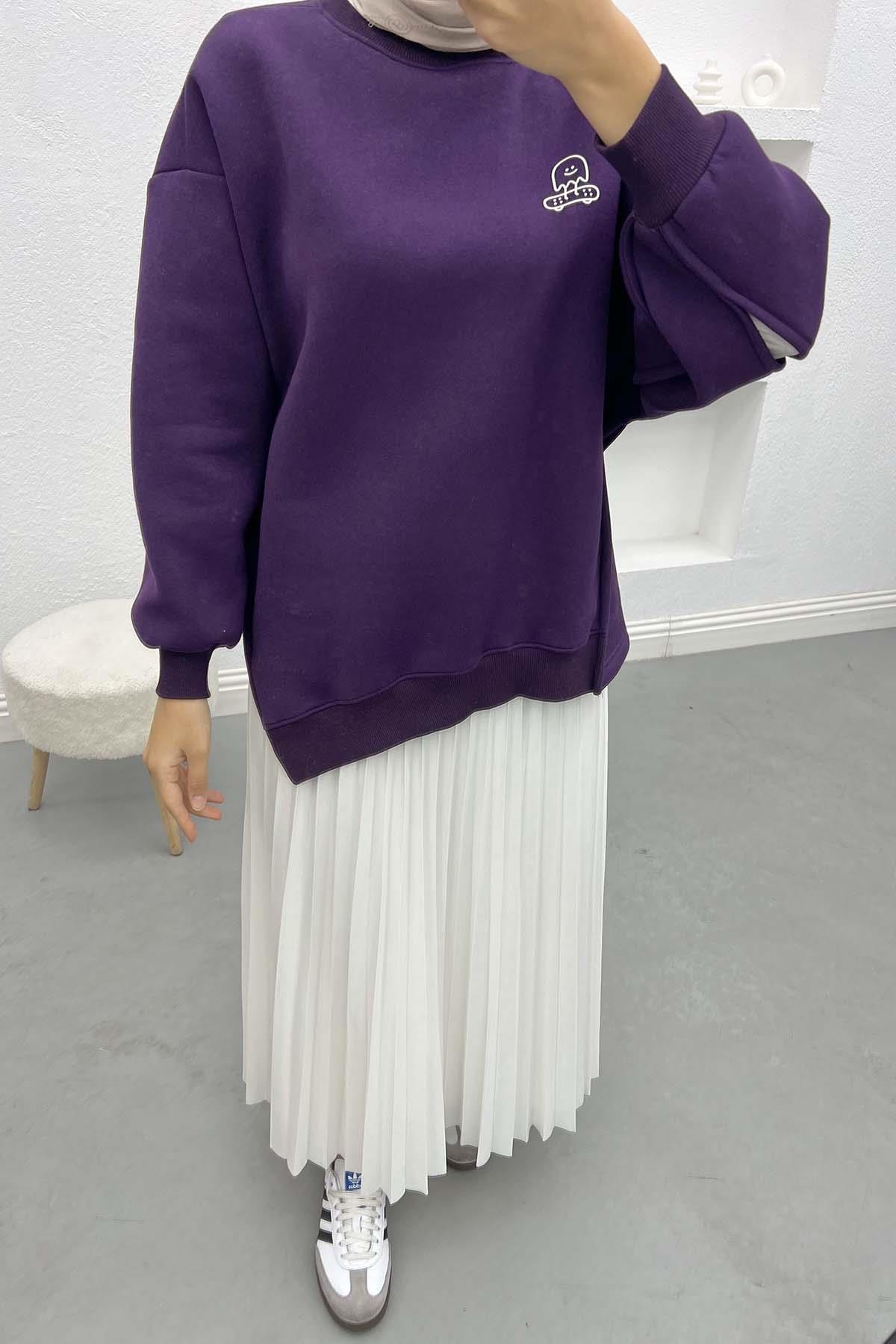 Kol Yırtmaçlı Üç İplik Sweatshirt Mürdüm