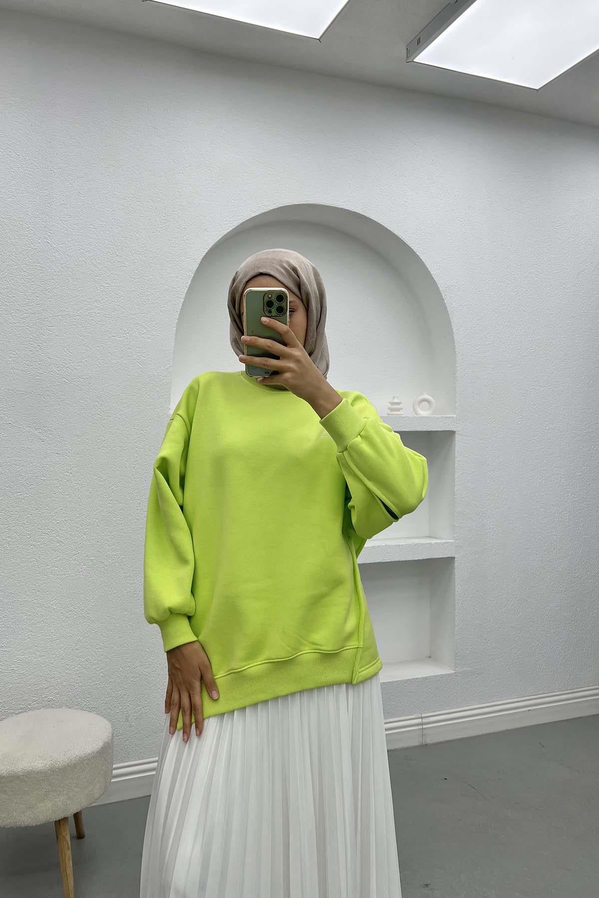 Kol Yırtmaçlı Üç İplik Sweatshirt Neon Yeşil