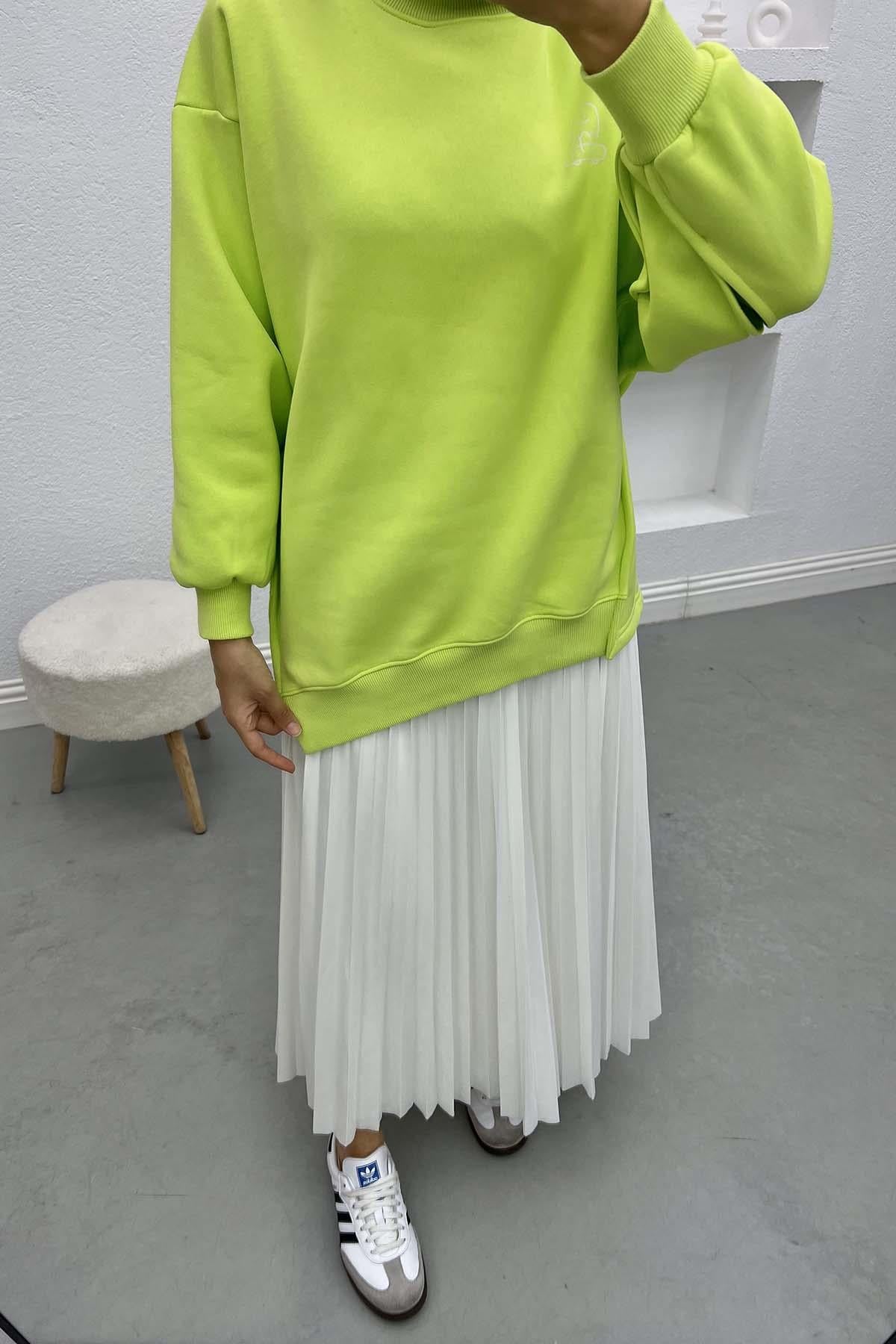 Kol Yırtmaçlı Üç İplik Sweatshirt Neon Yeşil