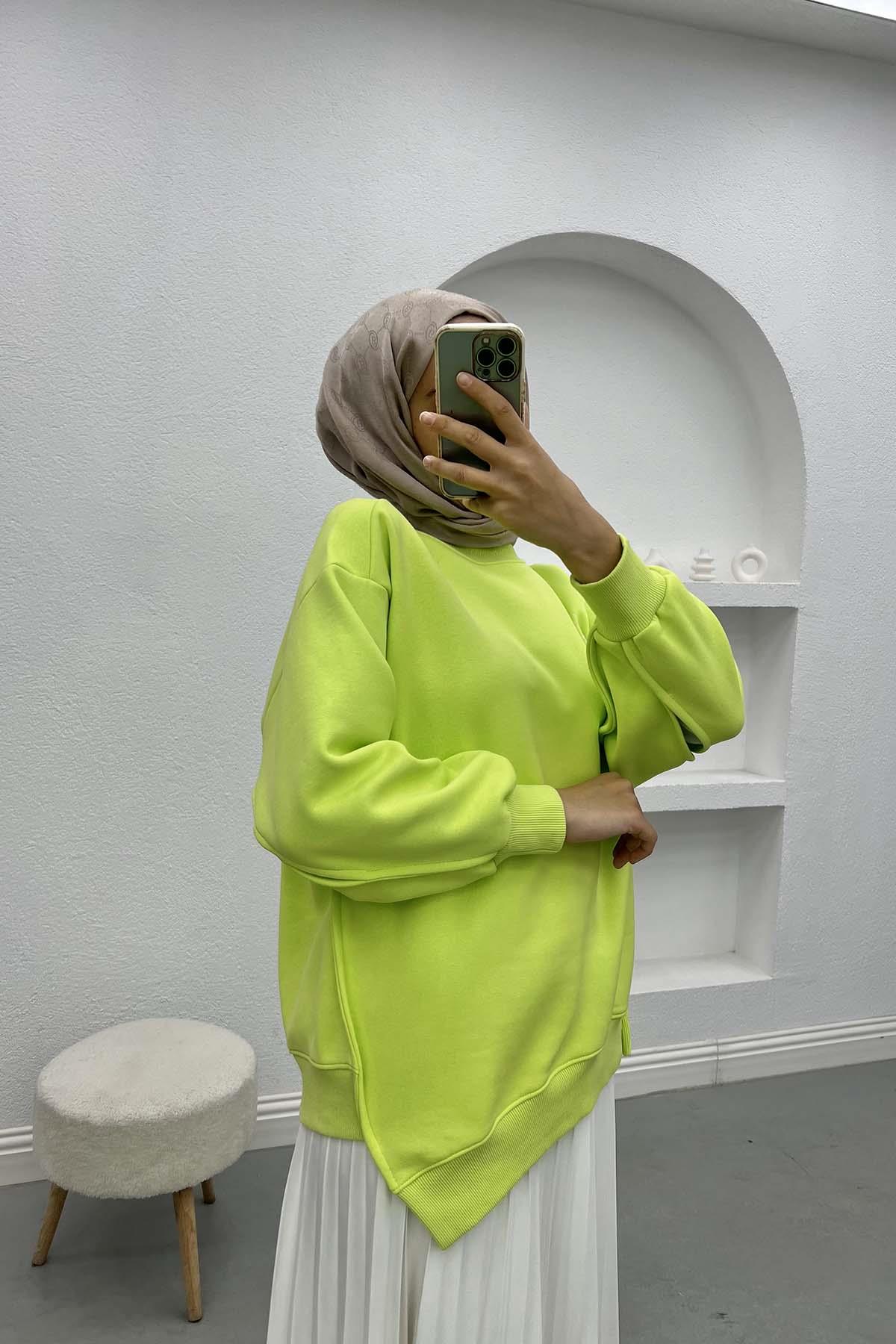 Kol Yırtmaçlı Üç İplik Sweatshirt Neon Yeşil