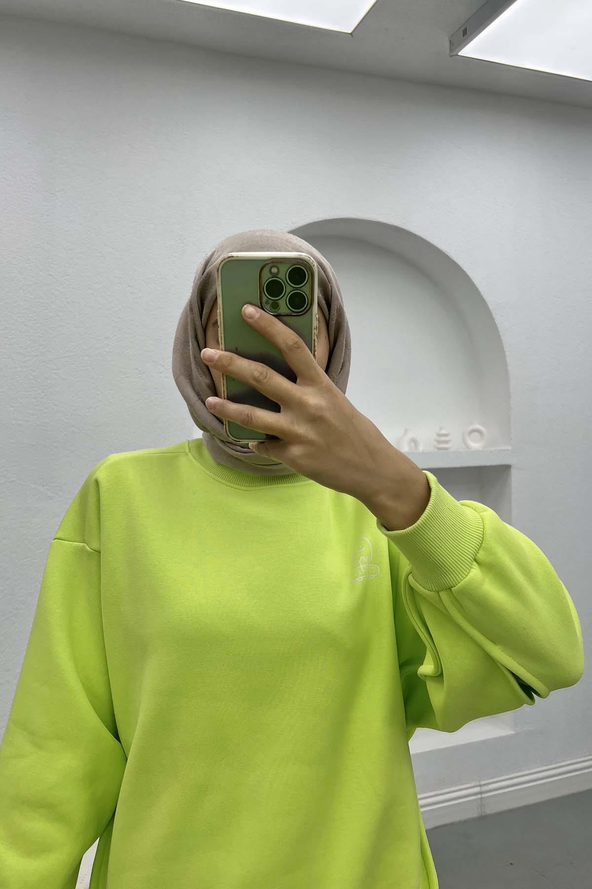 Kol Yırtmaçlı Üç İplik Sweatshirt Neon Yeşil