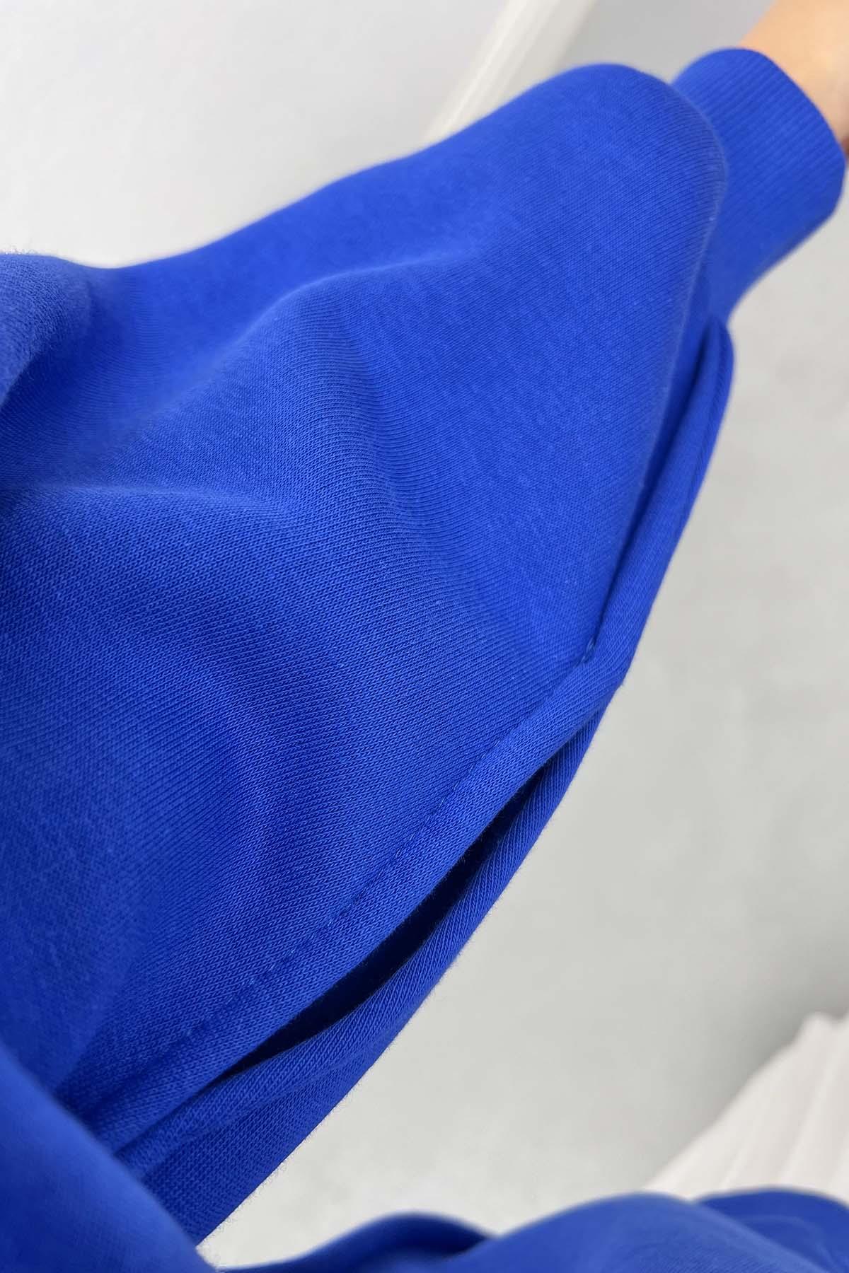 Kol Yırtmaçlı Üç İplik Sweatshirt Saks Mavi