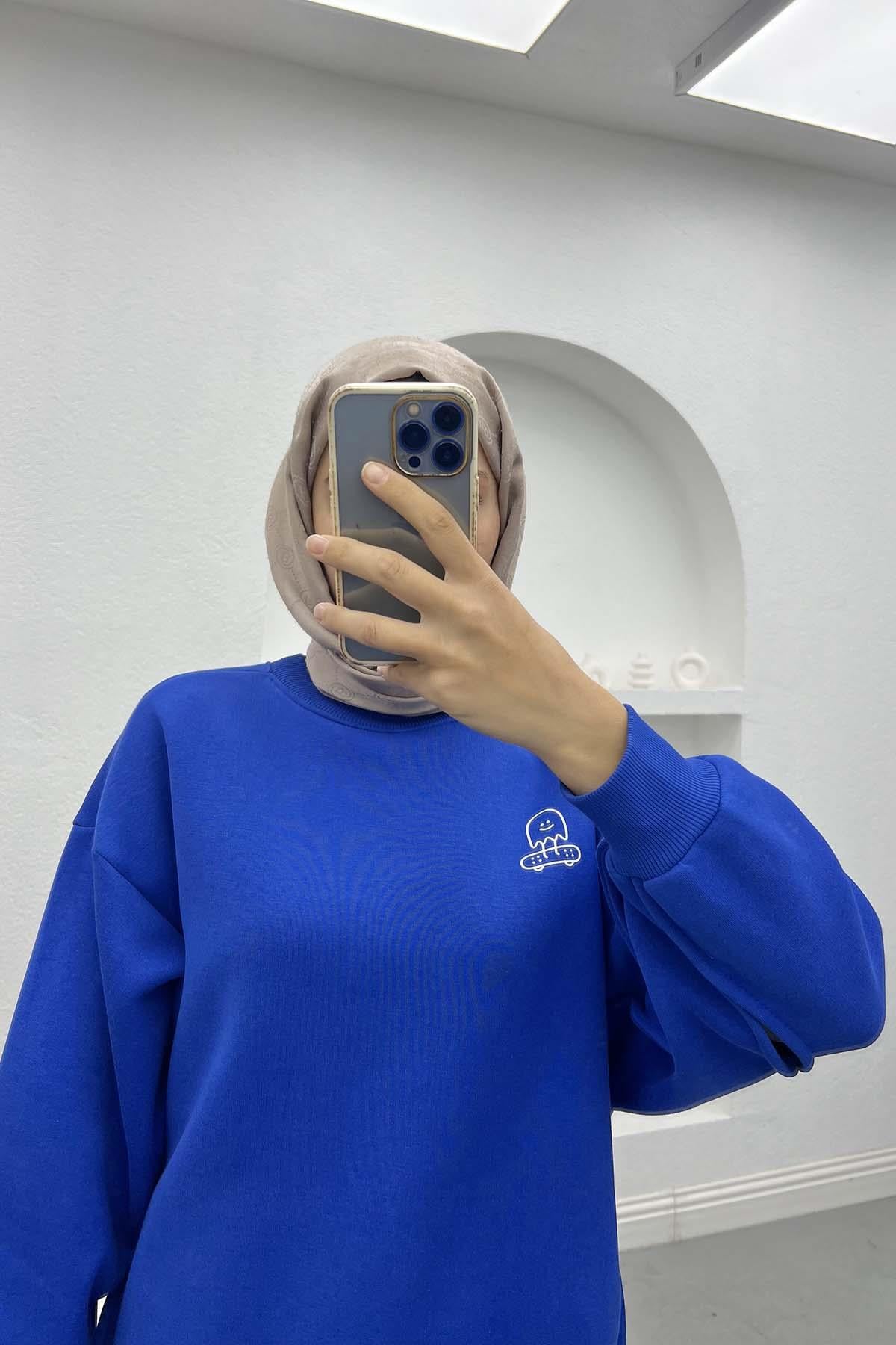 Kol Yırtmaçlı Üç İplik Sweatshirt Saks Mavi