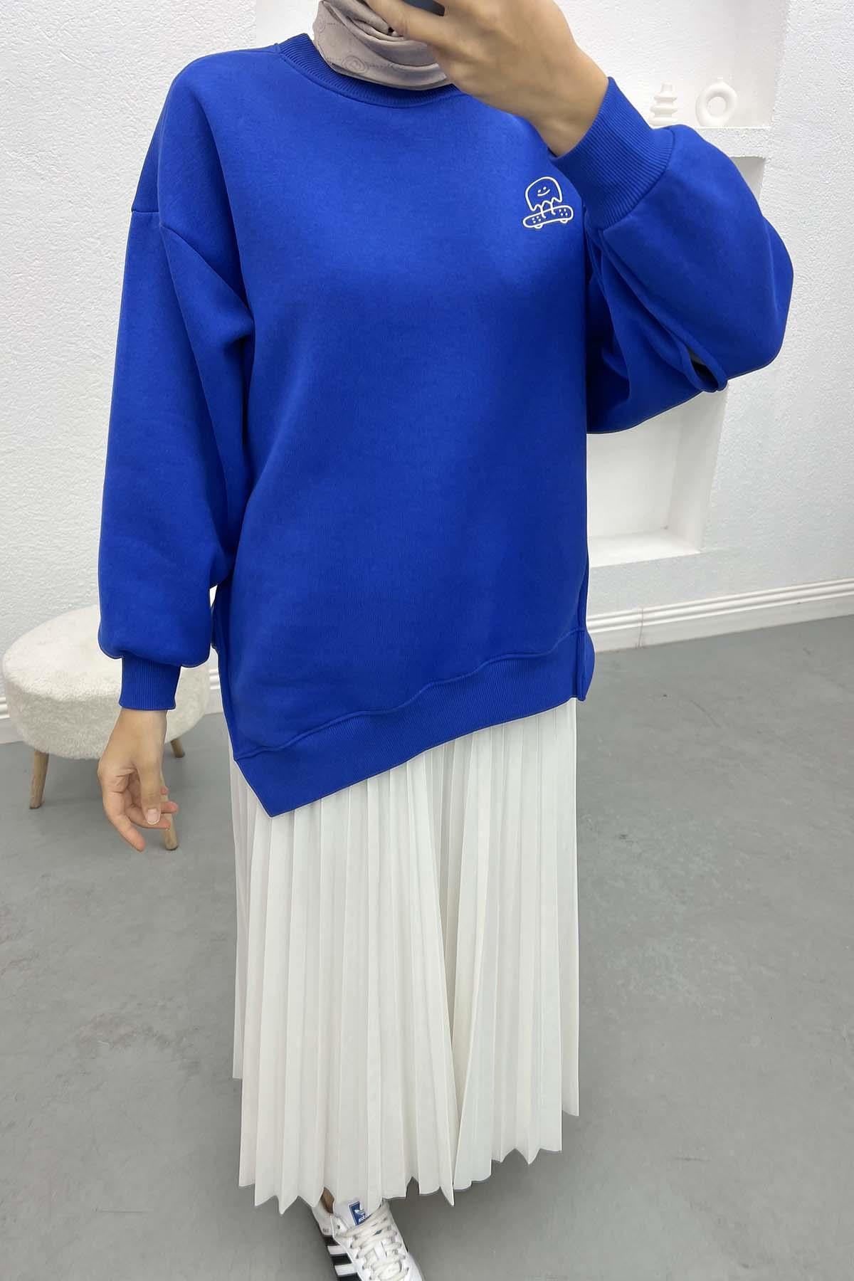 Kol Yırtmaçlı Üç İplik Sweatshirt Saks Mavi