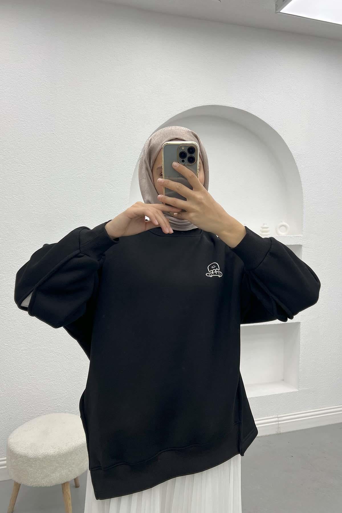 Kol Yırtmaçlı Üç İplik Sweatshirt Siyah