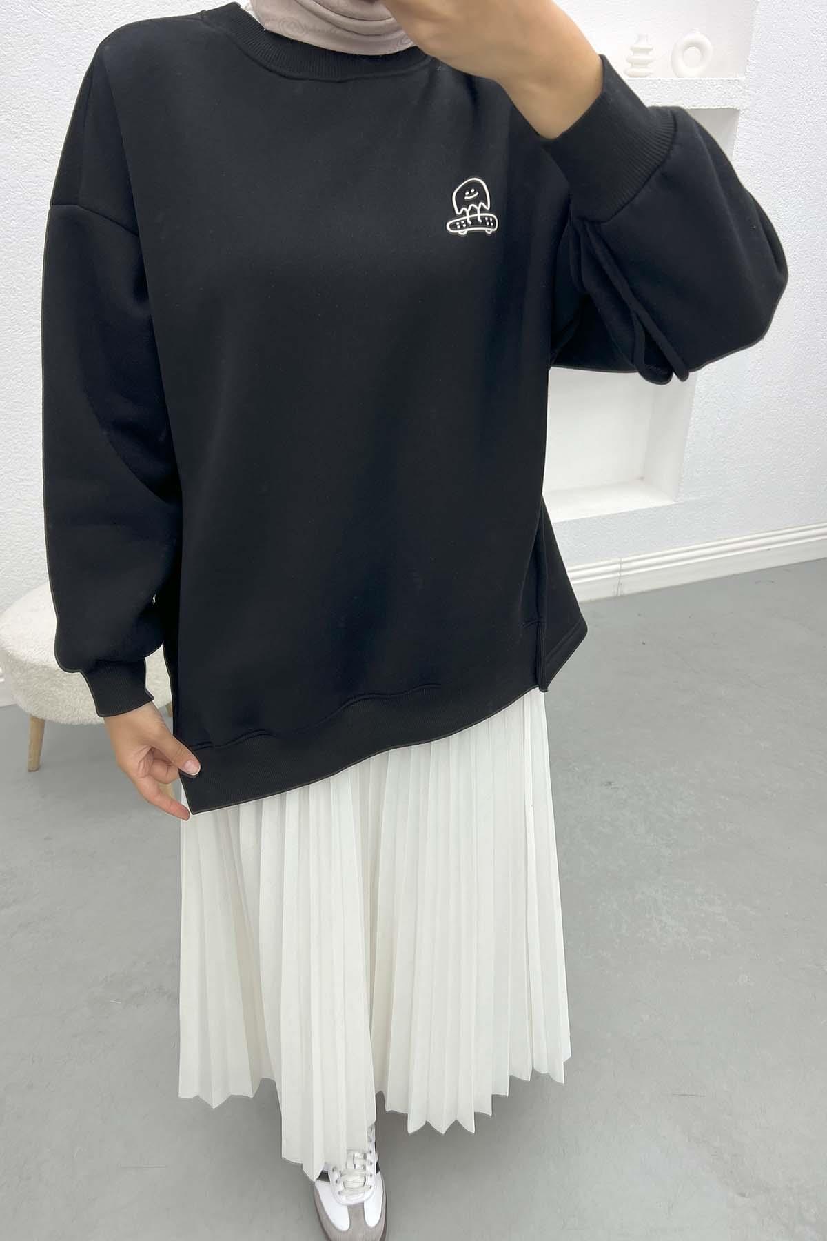 Kol Yırtmaçlı Üç İplik Sweatshirt Siyah