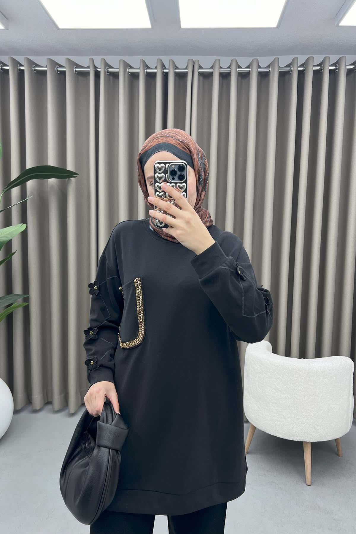 Kolları Çiçekli Oysh Tunik Siyah