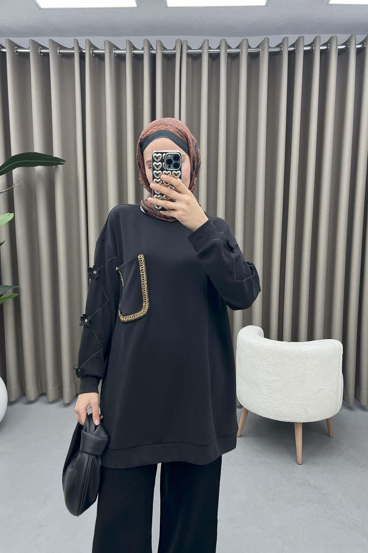 Kolları Çiçekli Oysh Tunik Siyah