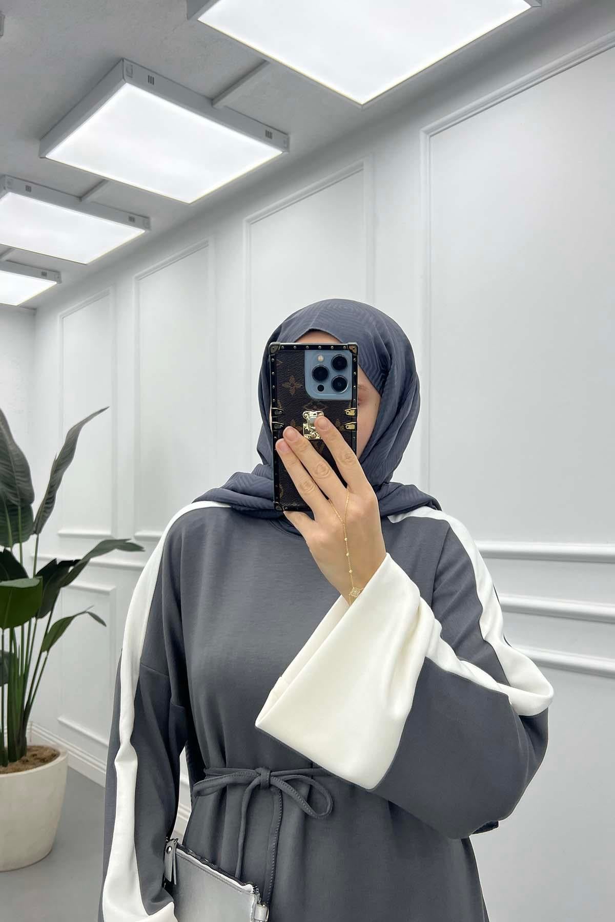 Kolları Çift Renk Oysh Elbise Gri