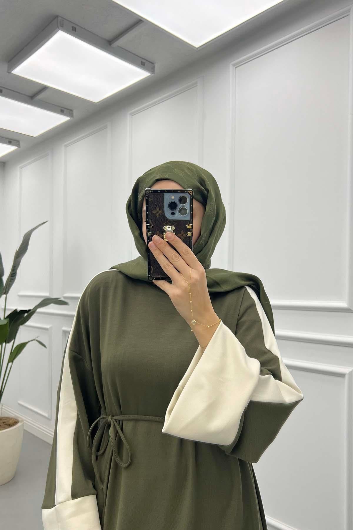 Kolları Çift Renk Oysh Elbise Haki