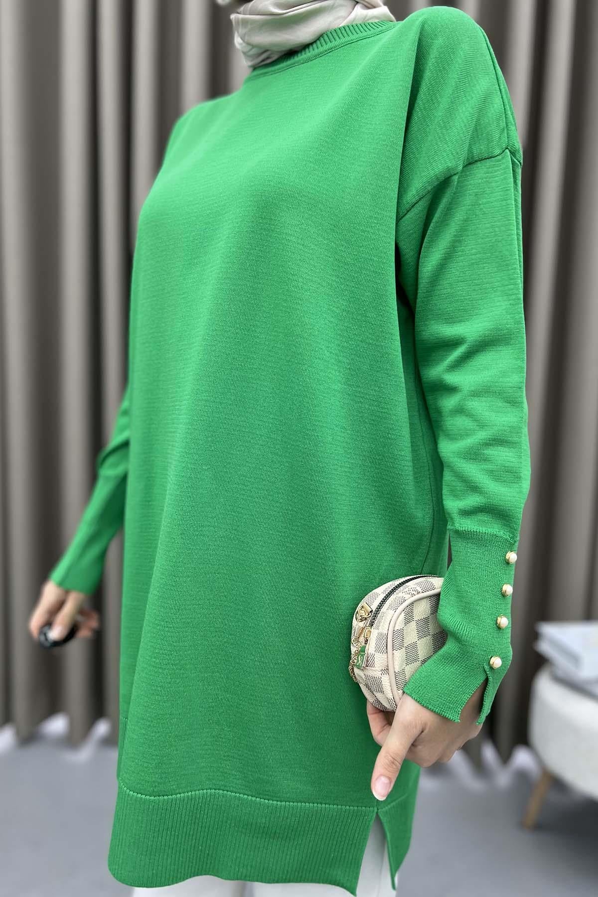 Kolları İnci Düğmeli Tunik Yeşil