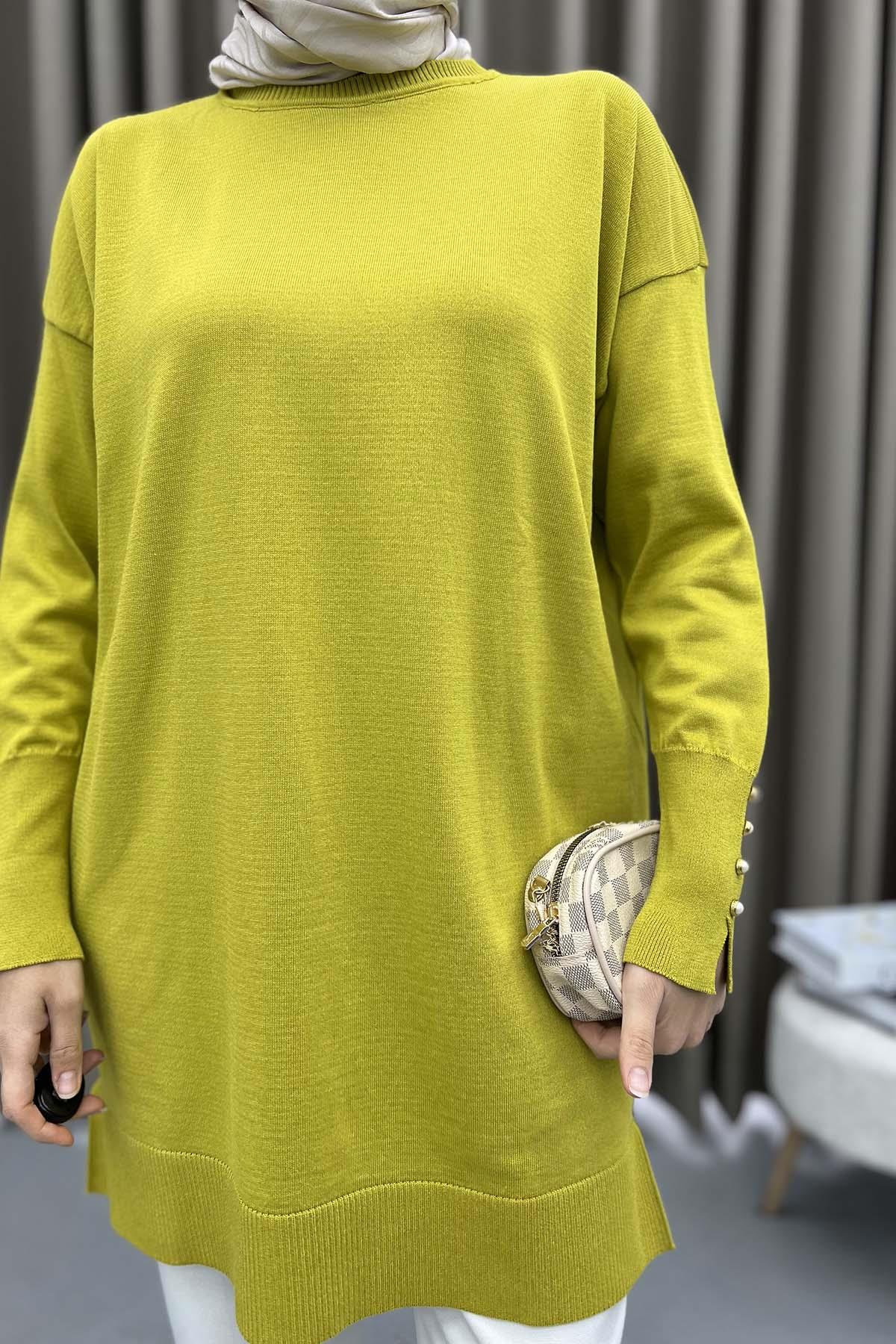 Kolları İnci Düğmeli Tunik Zeytin Yeşili