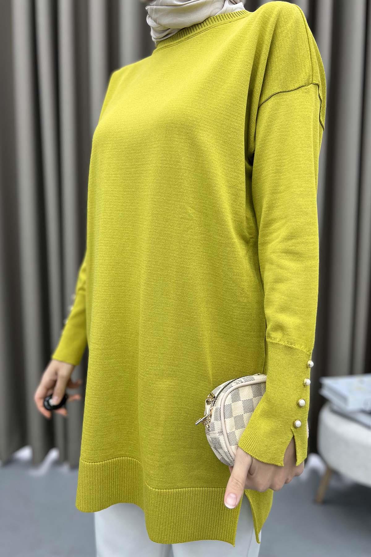 Kolları İnci Düğmeli Tunik Zeytin Yeşili