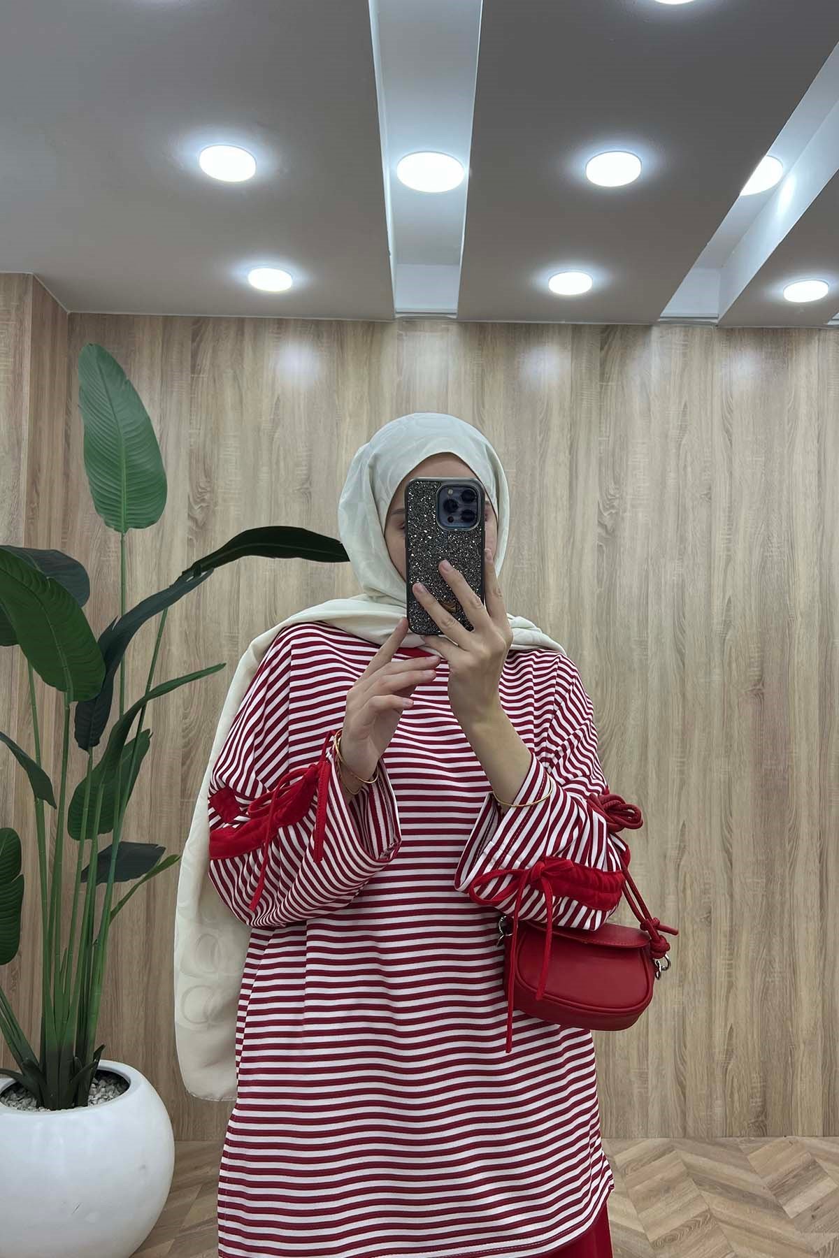 Kolları İp Detaylı Çizgili Riba Sweatshirt Kırmızı