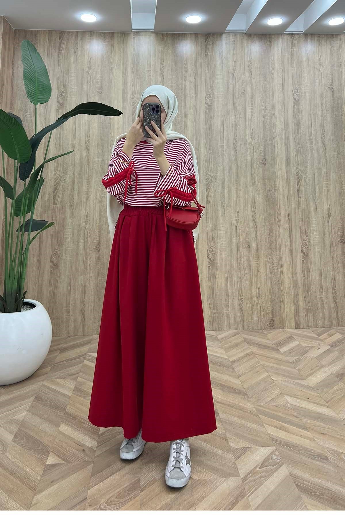 Kolları İp Detaylı Çizgili Riba Sweatshirt Kırmızı