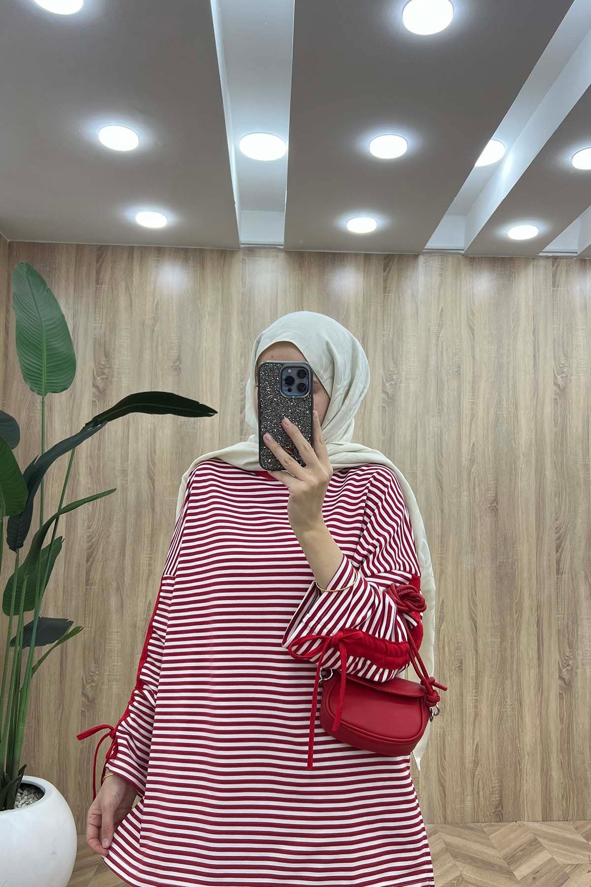 Kolları İp Detaylı Çizgili Riba Sweatshirt Kırmızı