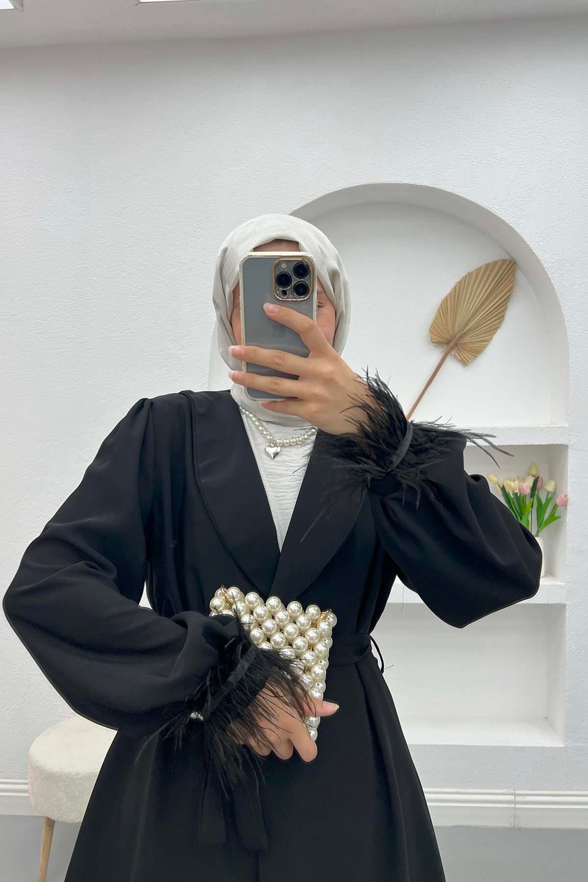 Kolları Tüylü Ceket Siyah