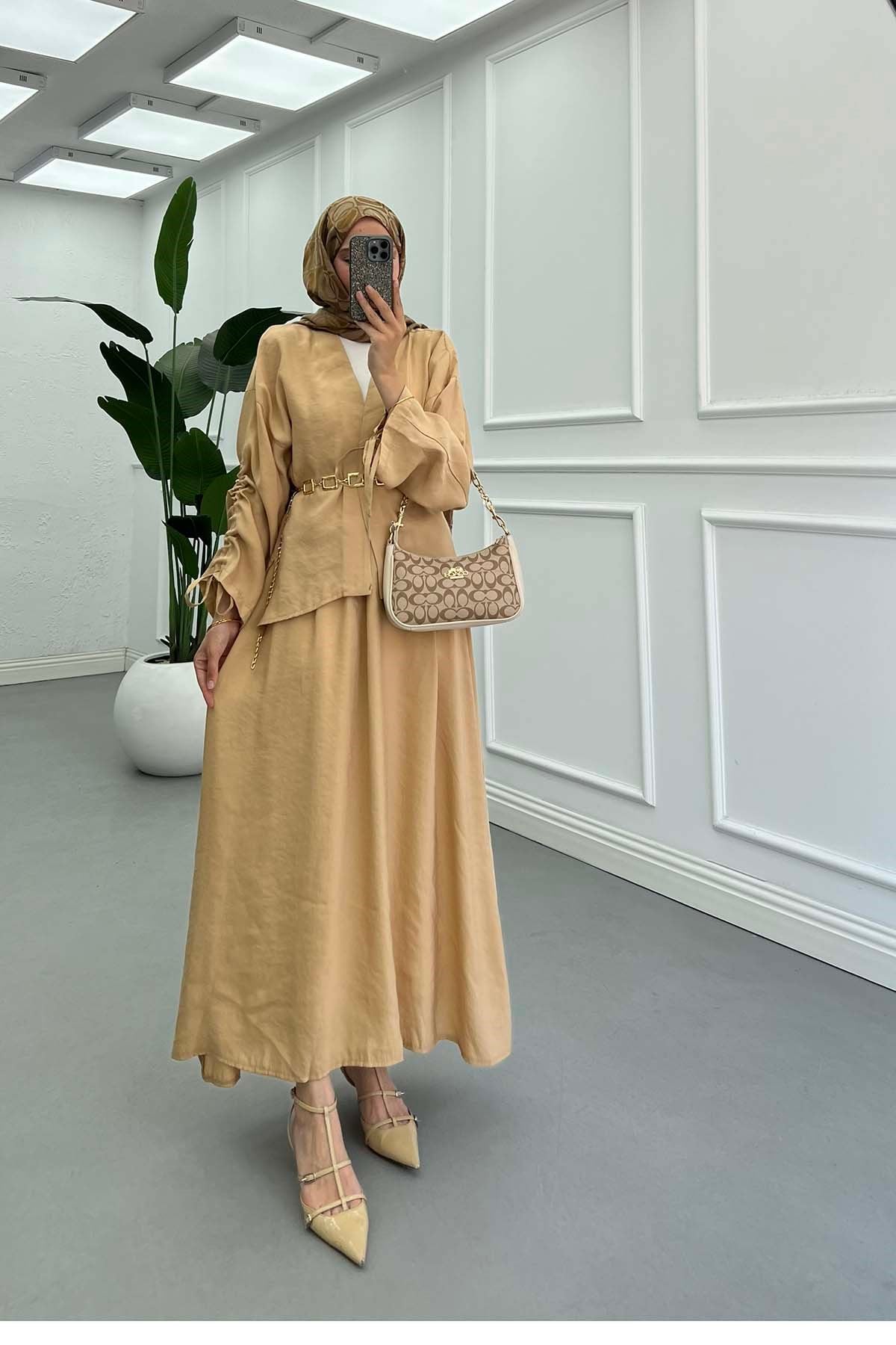 Kolu İp Detaylı Kimono Takım Bej