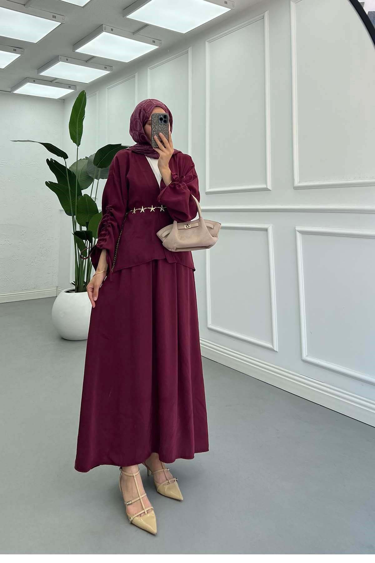 Kolu İp Detaylı Kimono Takım Bordo