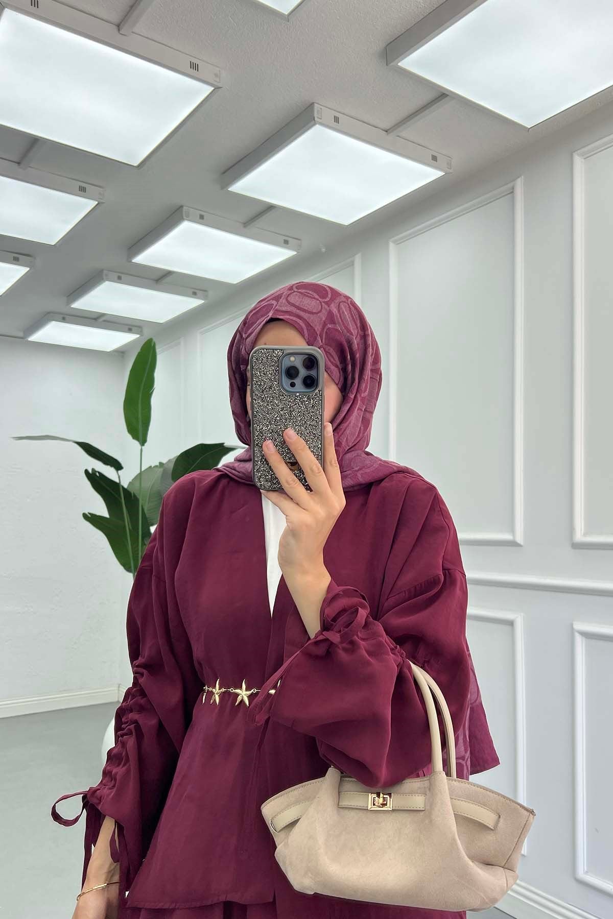 Kolu İp Detaylı Kimono Takım Bordo