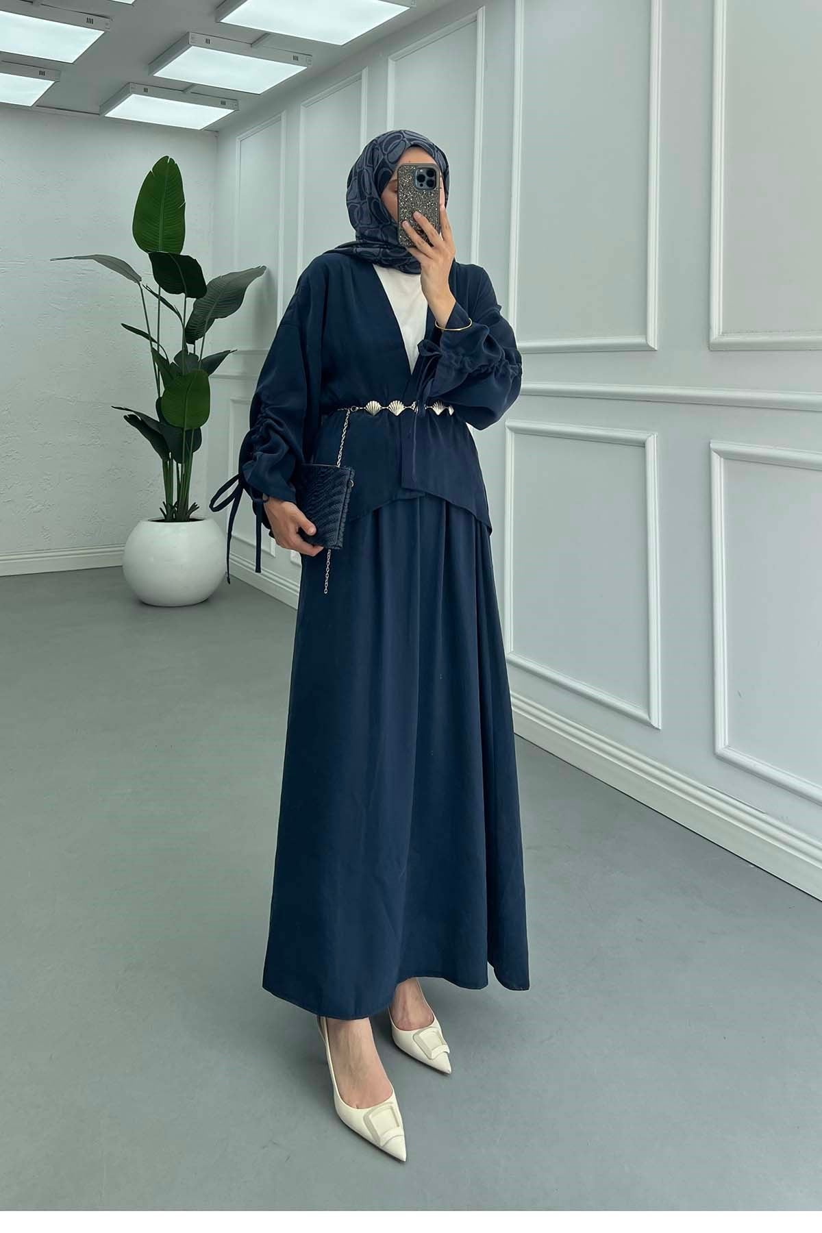 Kolu İp Detaylı Kimono Takım İndigo