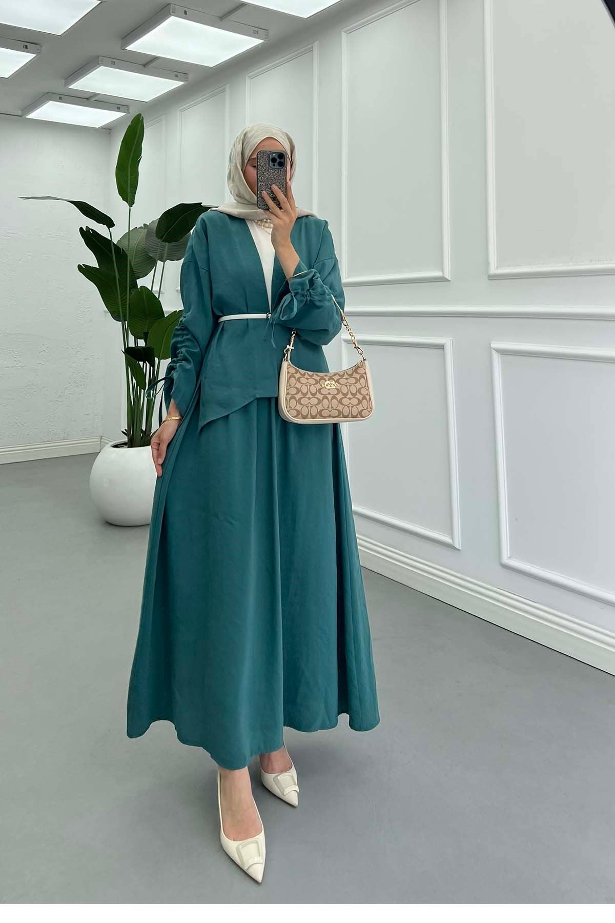 Kolu İp Detaylı Kimono Takım Petrol Yeşili