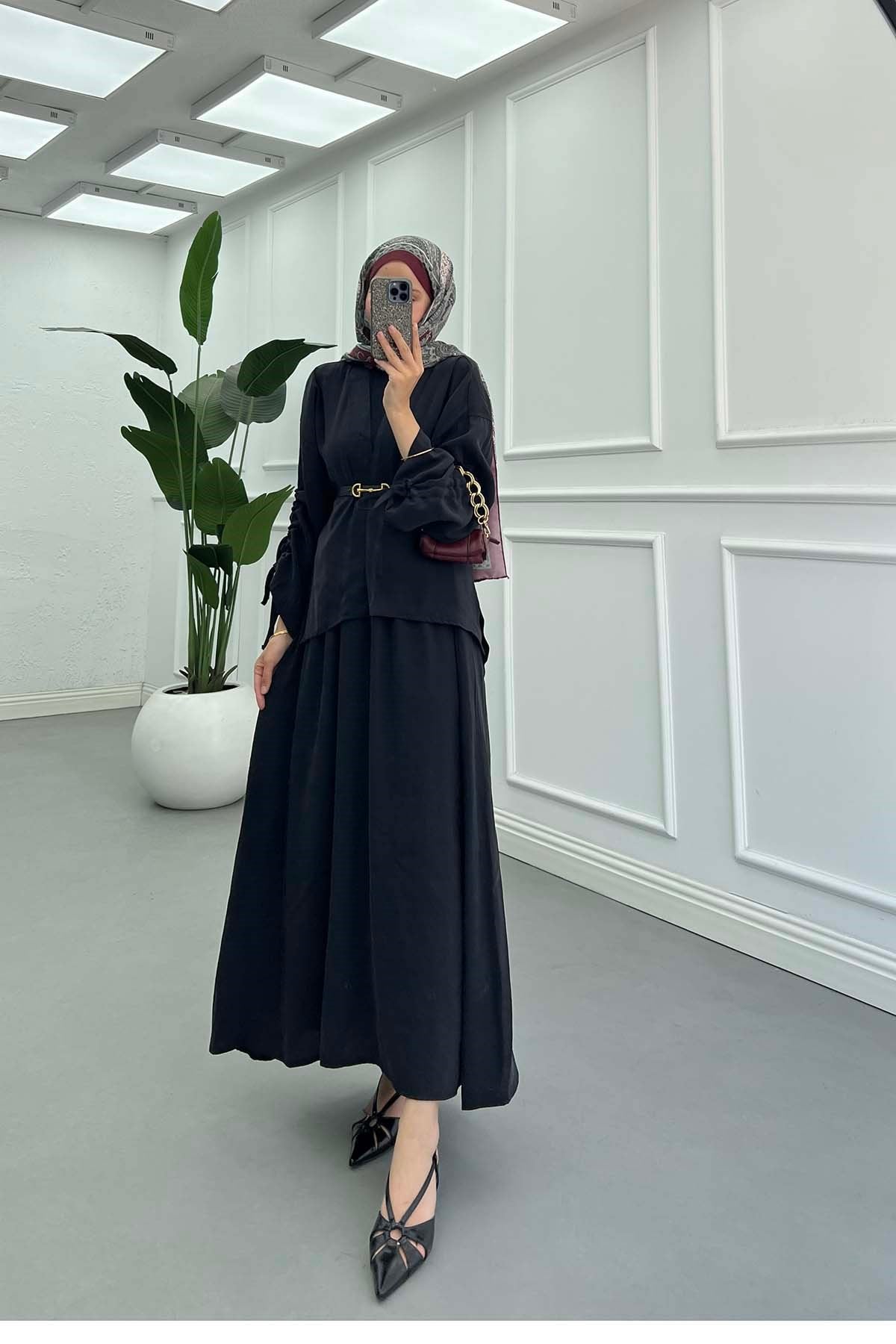Kolu İp Detaylı Kimono Takım Siyah