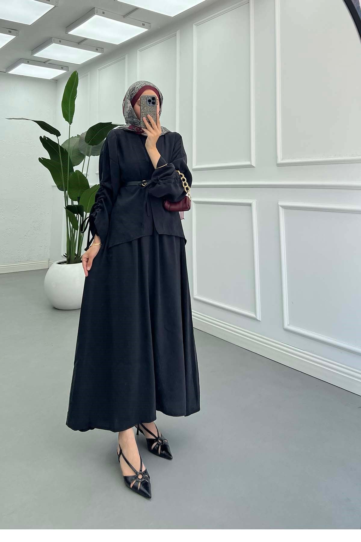 Kolu İp Detaylı Kimono Takım Siyah